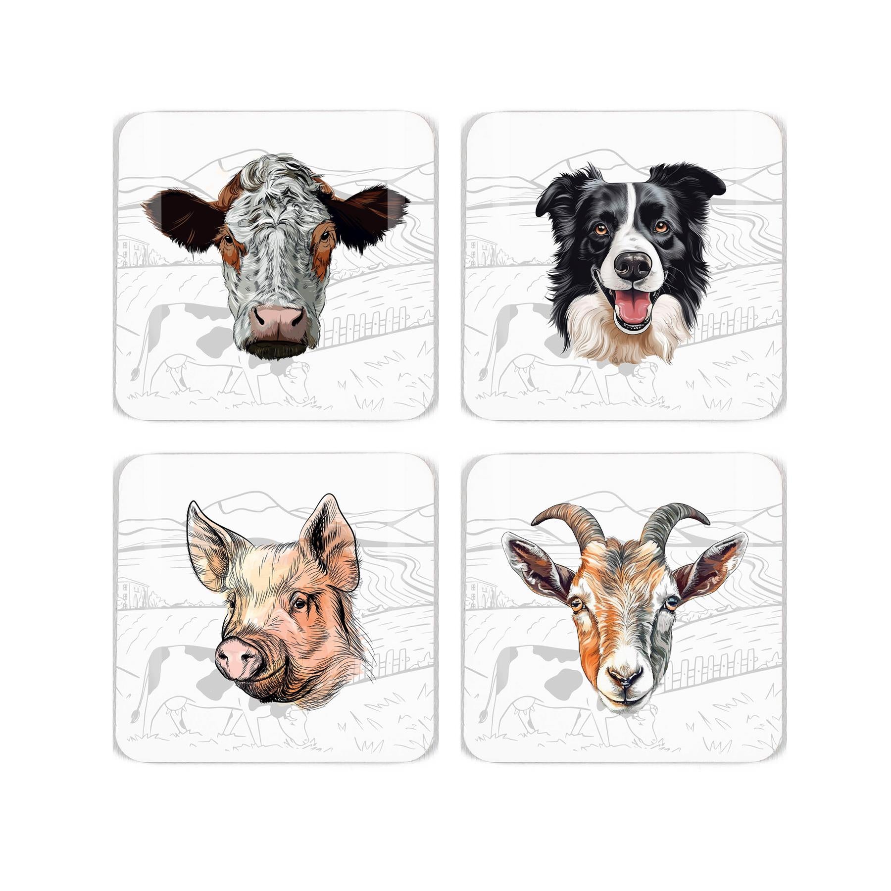 Coaster set featuring depictions of four popular farmyard animal portraits on a muted grey farmyard background