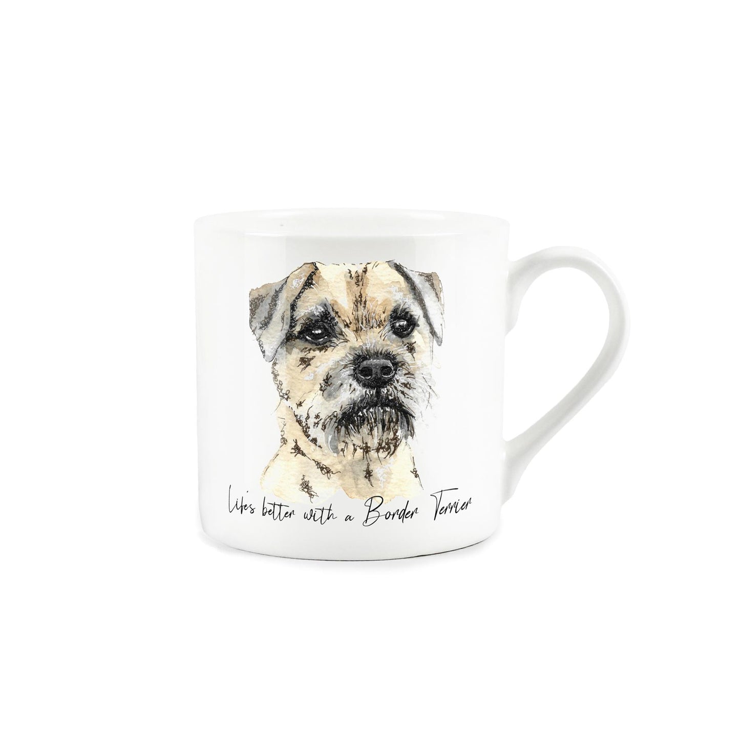 Bone china mug featuring watercolour artwork of a border terrier and 'life's better with a border terrier' text