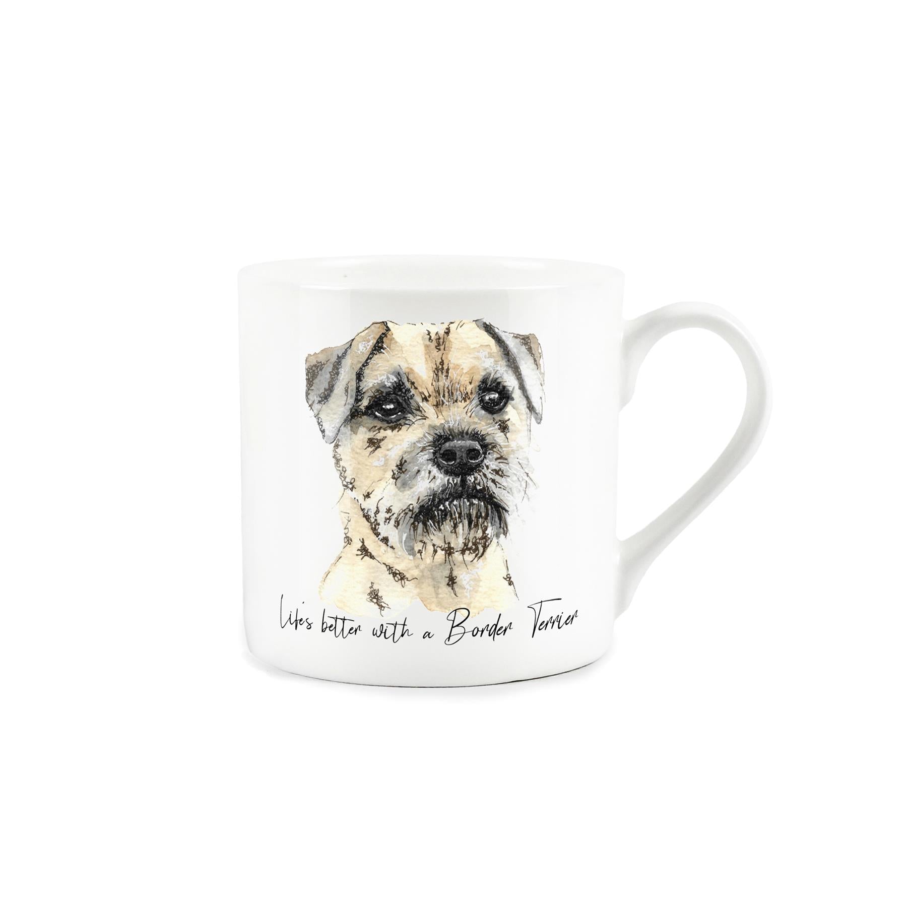 Bone china mug featuring watercolour artwork of a border terrier and 'life's better with a border terrier' text