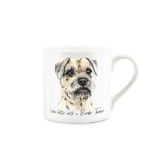 Bone china mug featuring watercolour artwork of a border terrier and 'life's better with a border terrier' text
