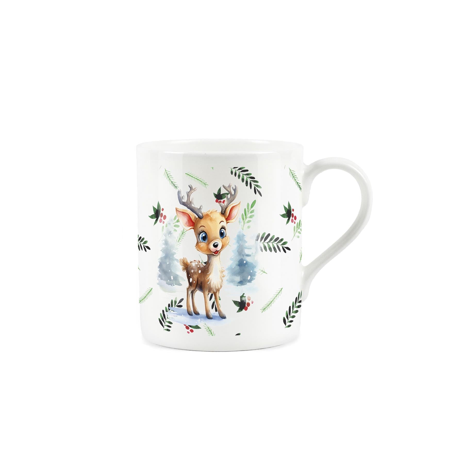 Cute cartoon depiction of reindeer surrounded by festive leaves on a white mug