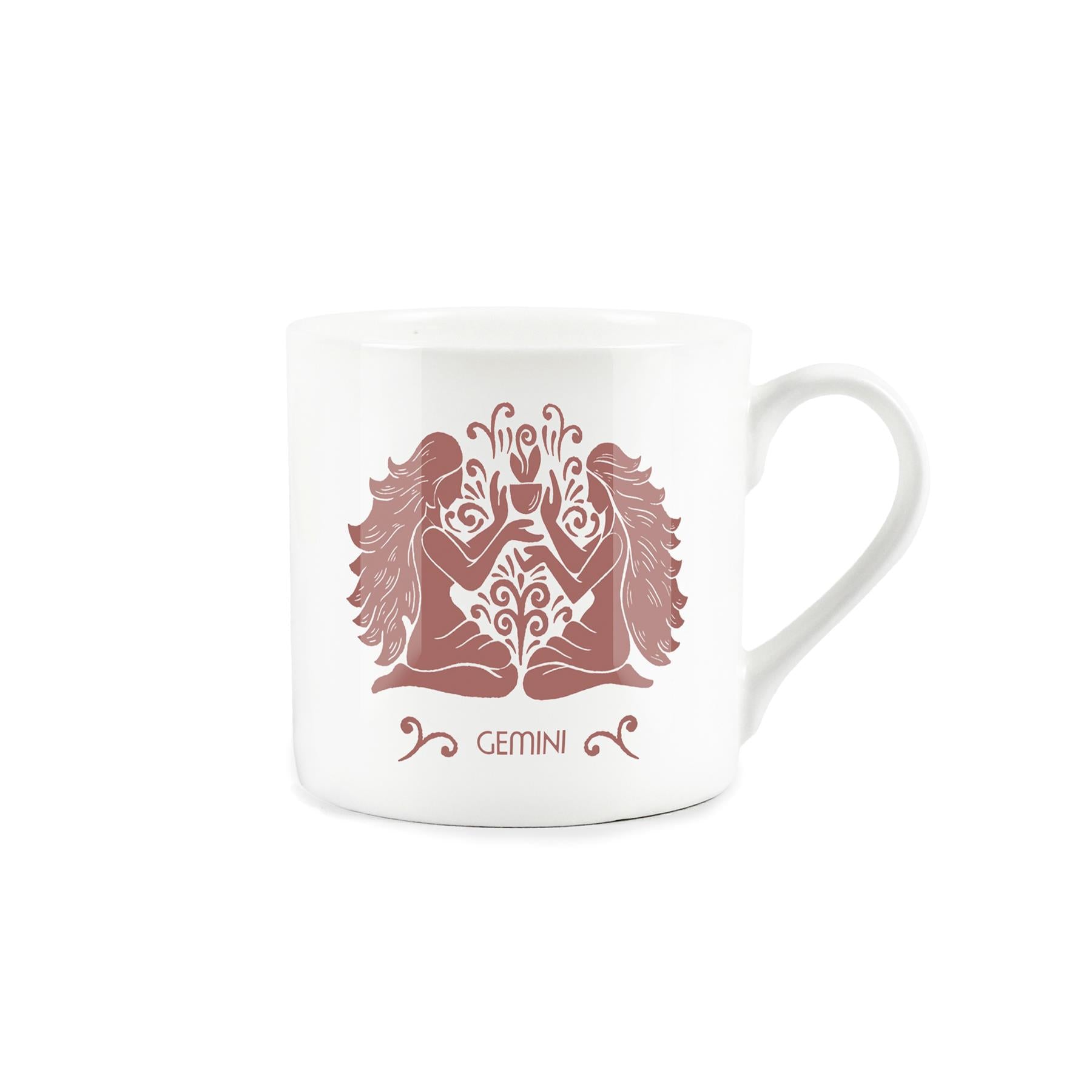 Mauve Gemini artwork depicted an a white bone china mug