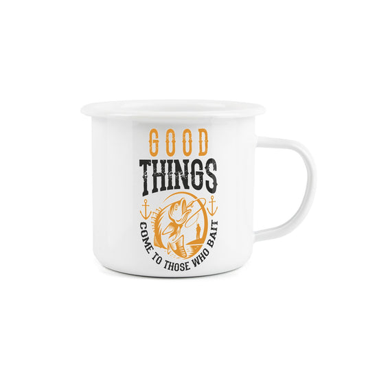 "Good Things Come to Those Who Bait" enamel mug, the ultimate companion for fishing, camping, and traveling adventures with humorous text.