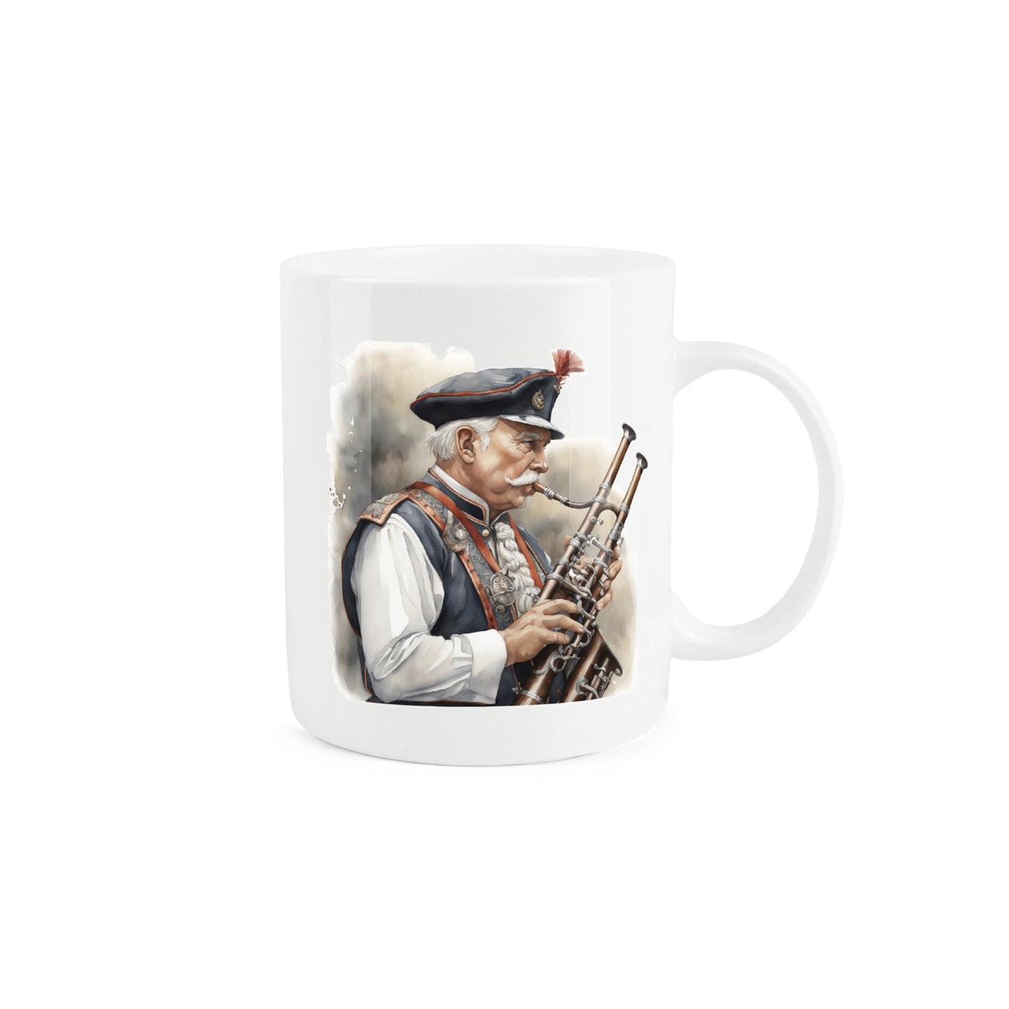 12 Days of Christmas bone china mug, 11th day: man & instrument design.