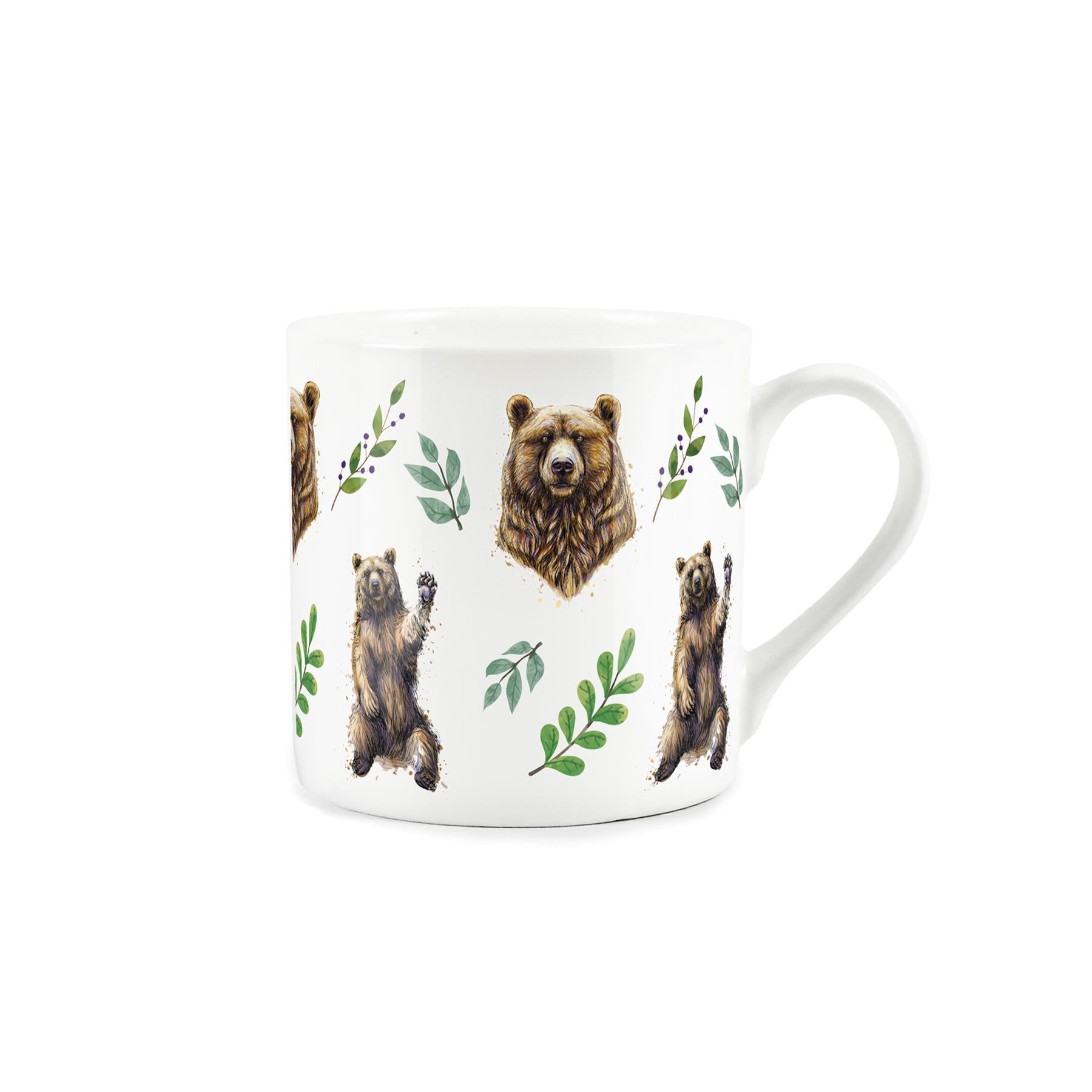 Illustrative 'untamed animals' bear and leaf design on white bone china mug