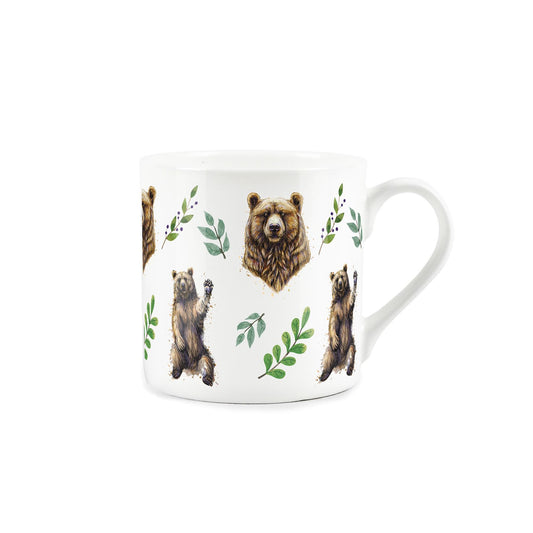 Illustrative 'untamed animals' bear and leaf design on white bone china mug