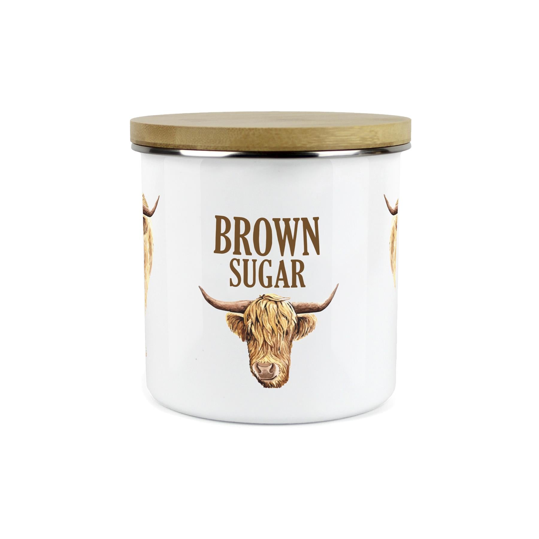 Brown Sugar Highland Cow Storage Canister - Enamel & Bamboo Kitchen Storage Jar