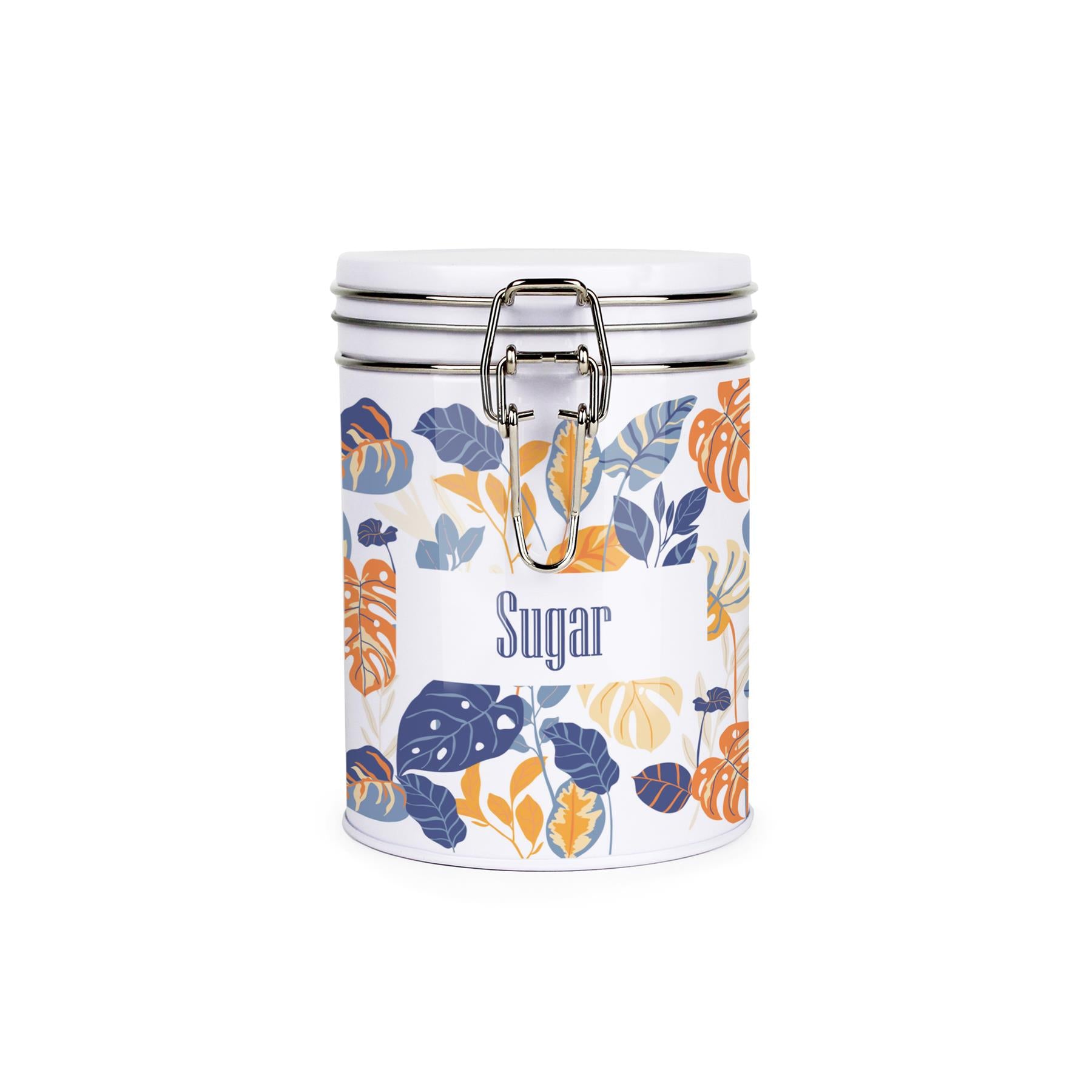 Metal canister with metal clip and lid featuring a bright, tropical leaves pattern in orange, cream, and blue shades and sugar text