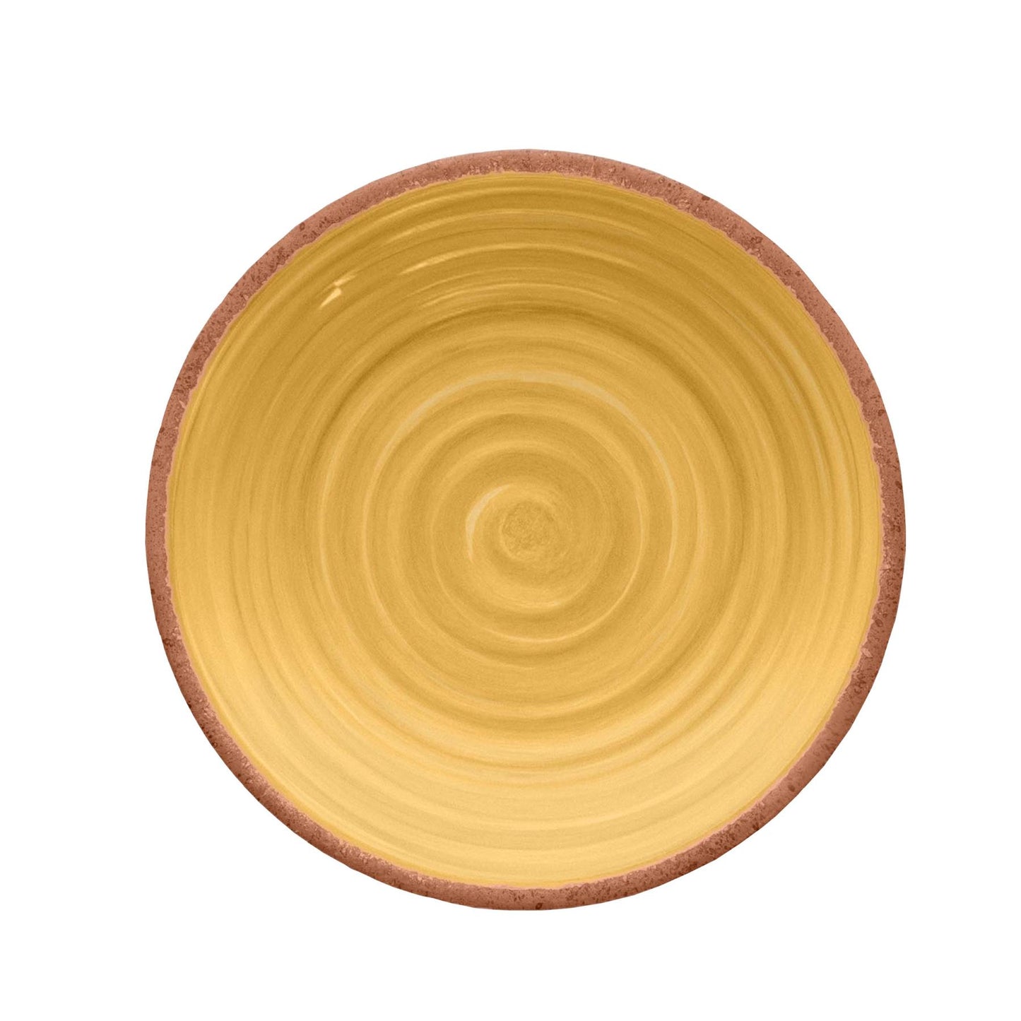Melamine side plate featuring vibrant yellow swirl design and terracotta rim