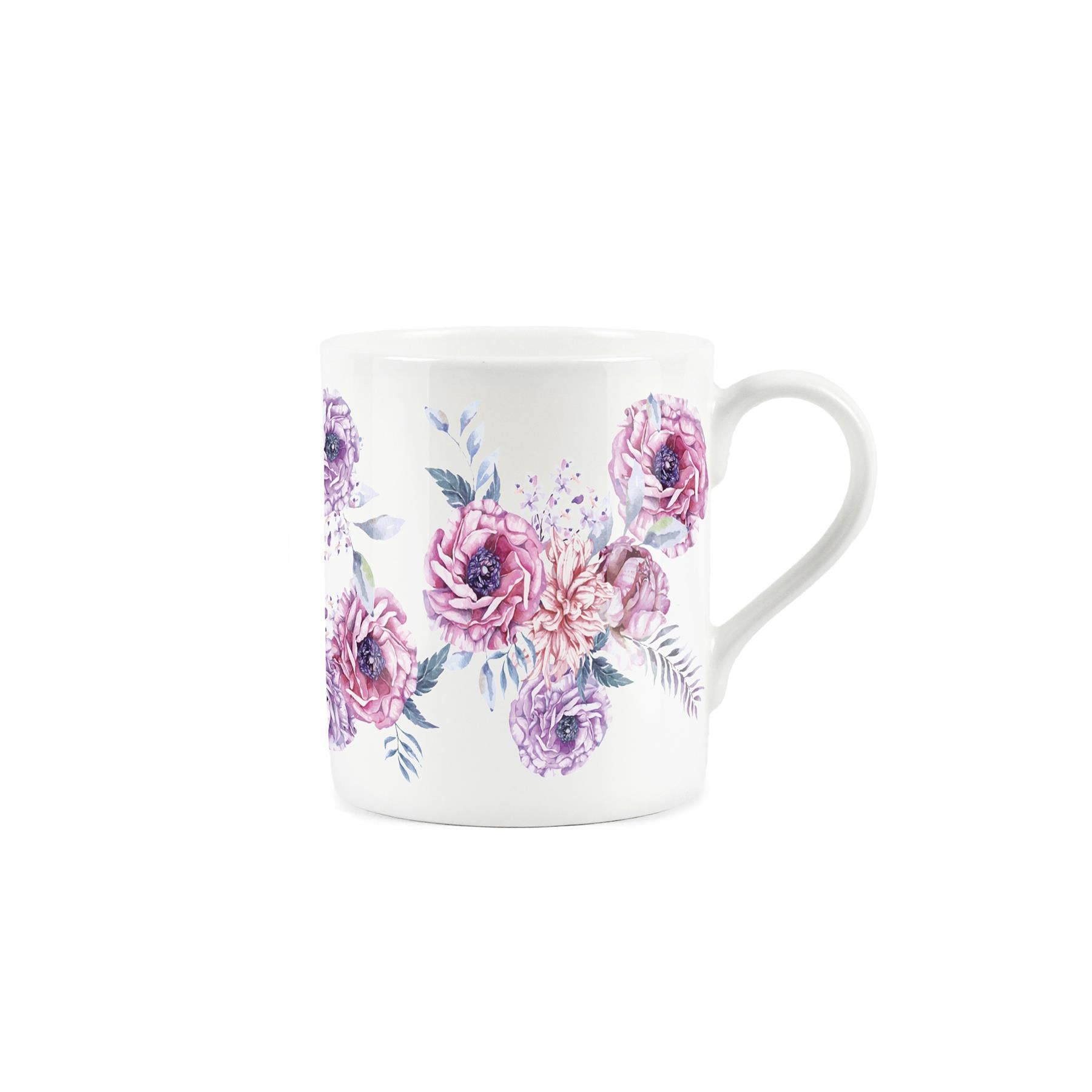 White bone china mug featuring painted purple peonies