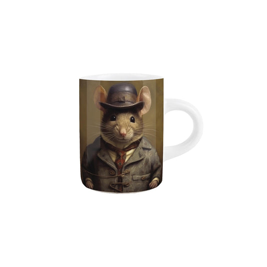 Small ceramic espresso mug features a charming Edwardian-inspired mouse design.