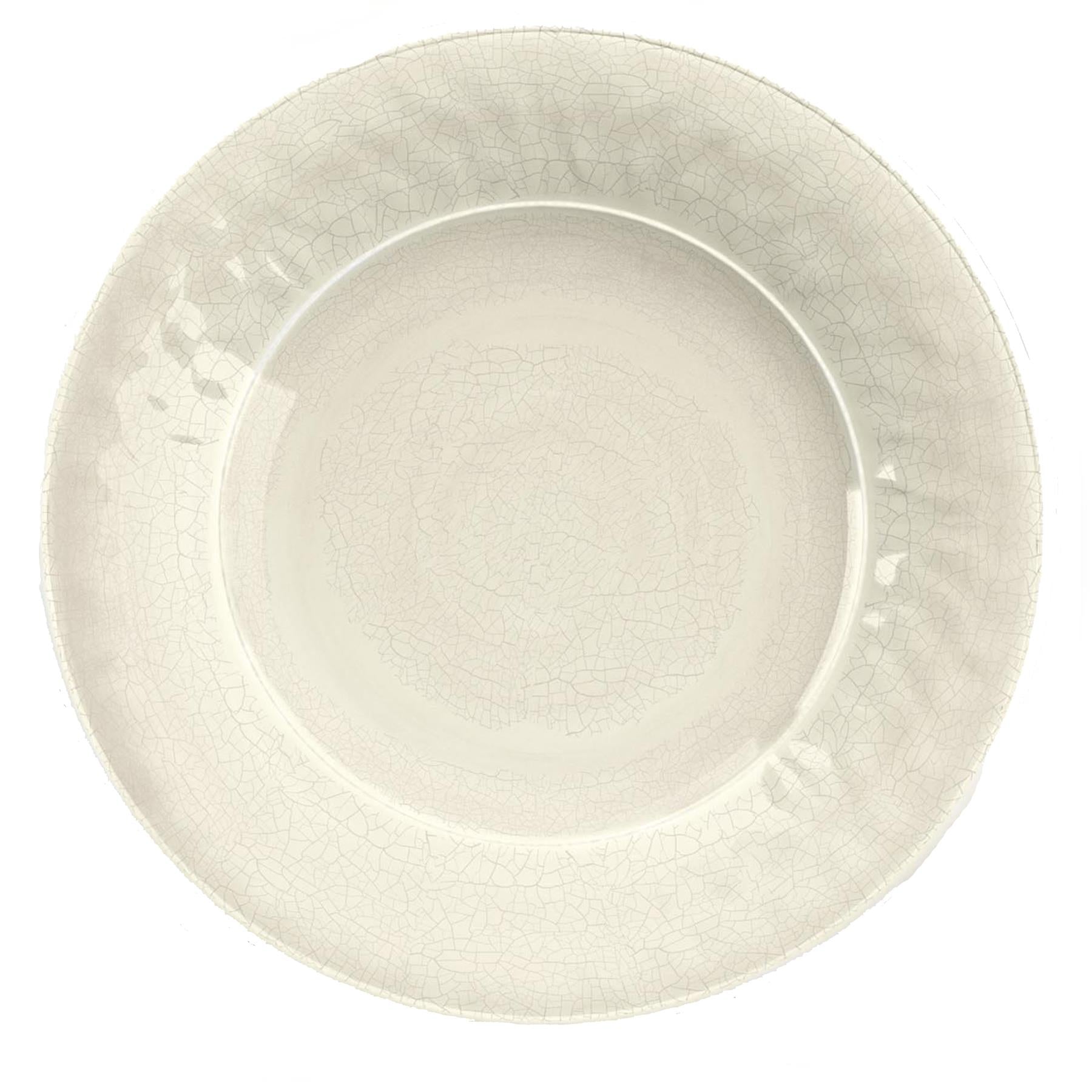 White melamine dinner plate with crackle glaze finish.