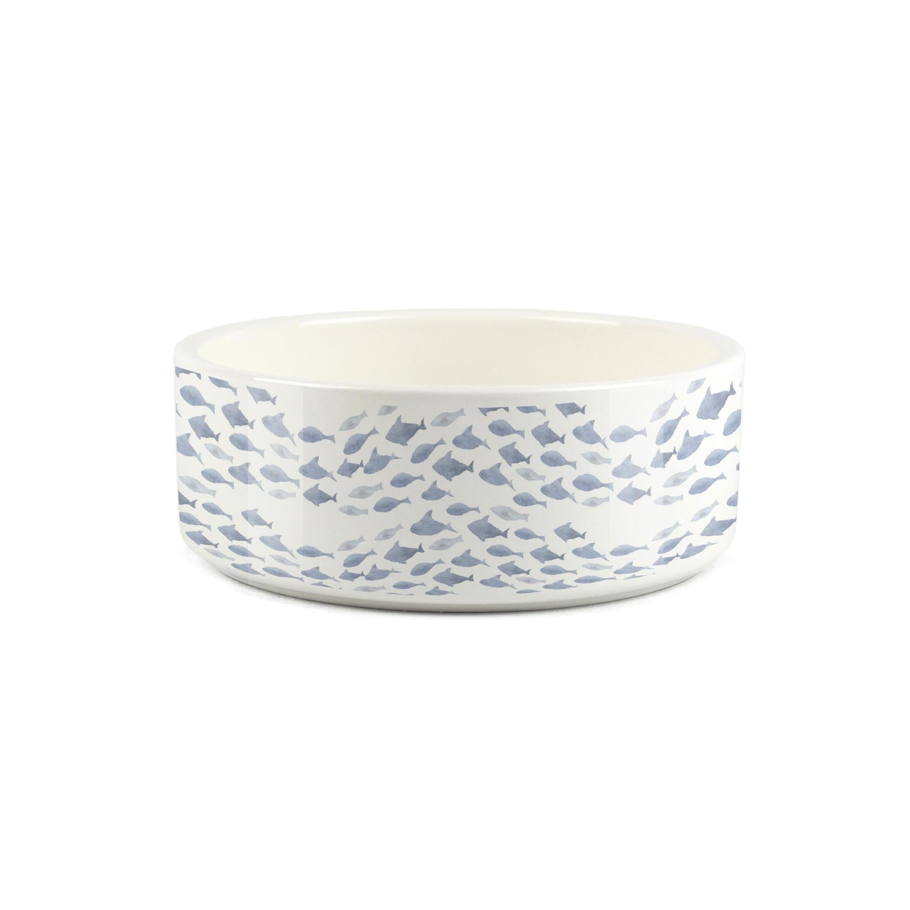 White ceramic pet bowl with water colour fish design printed on surface