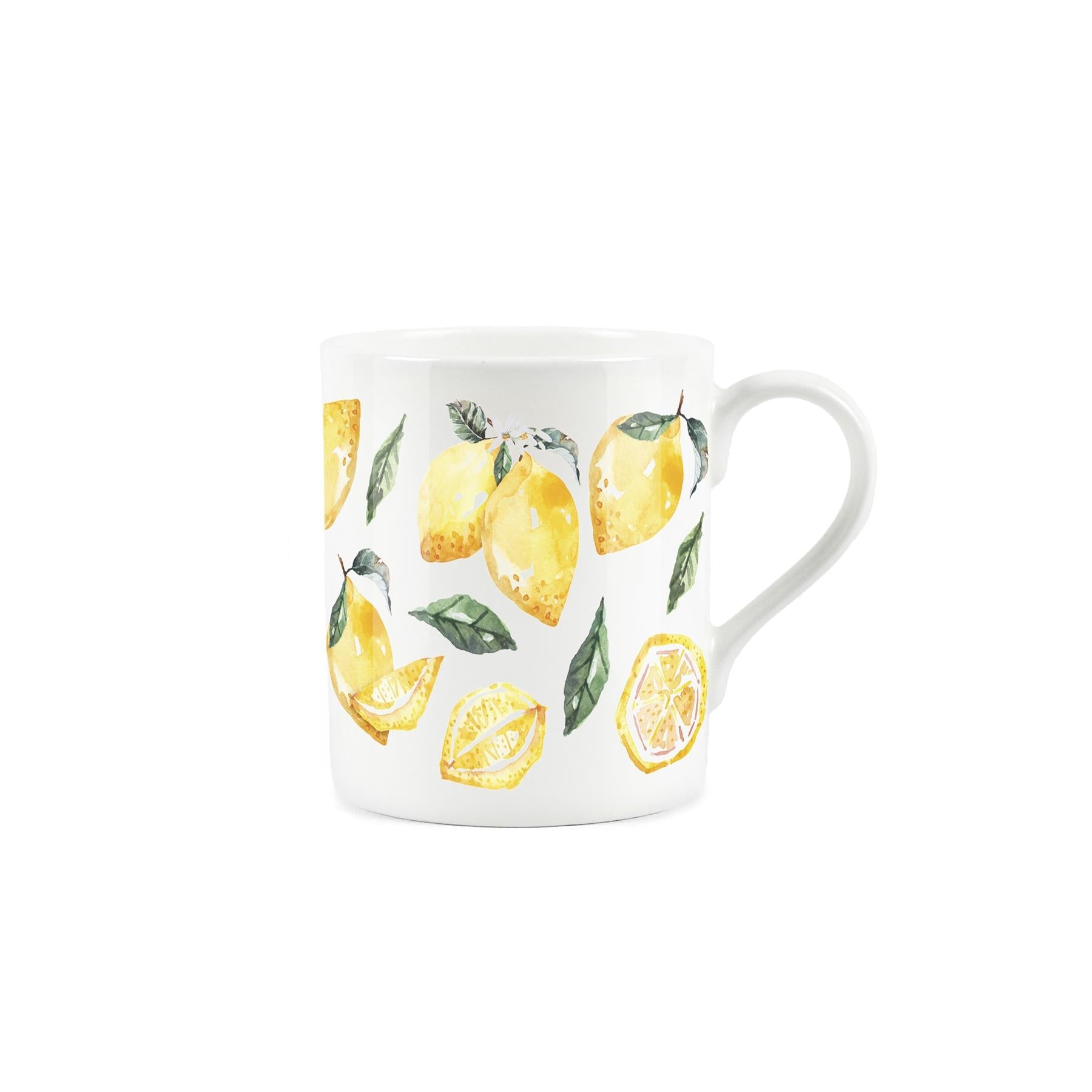 Watercolour artwork design of lemons and leaves on a white bone china coffee mug