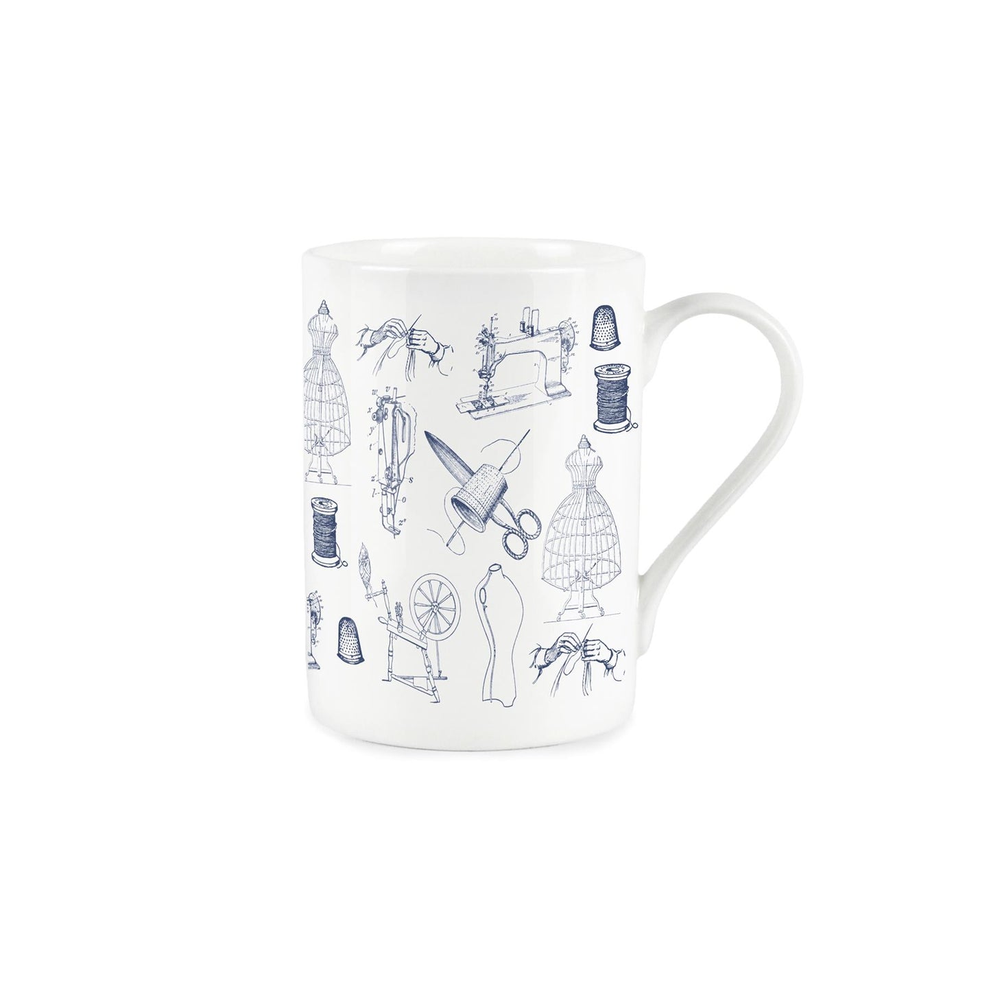 White bone china mug with vintage blue sewing machine design