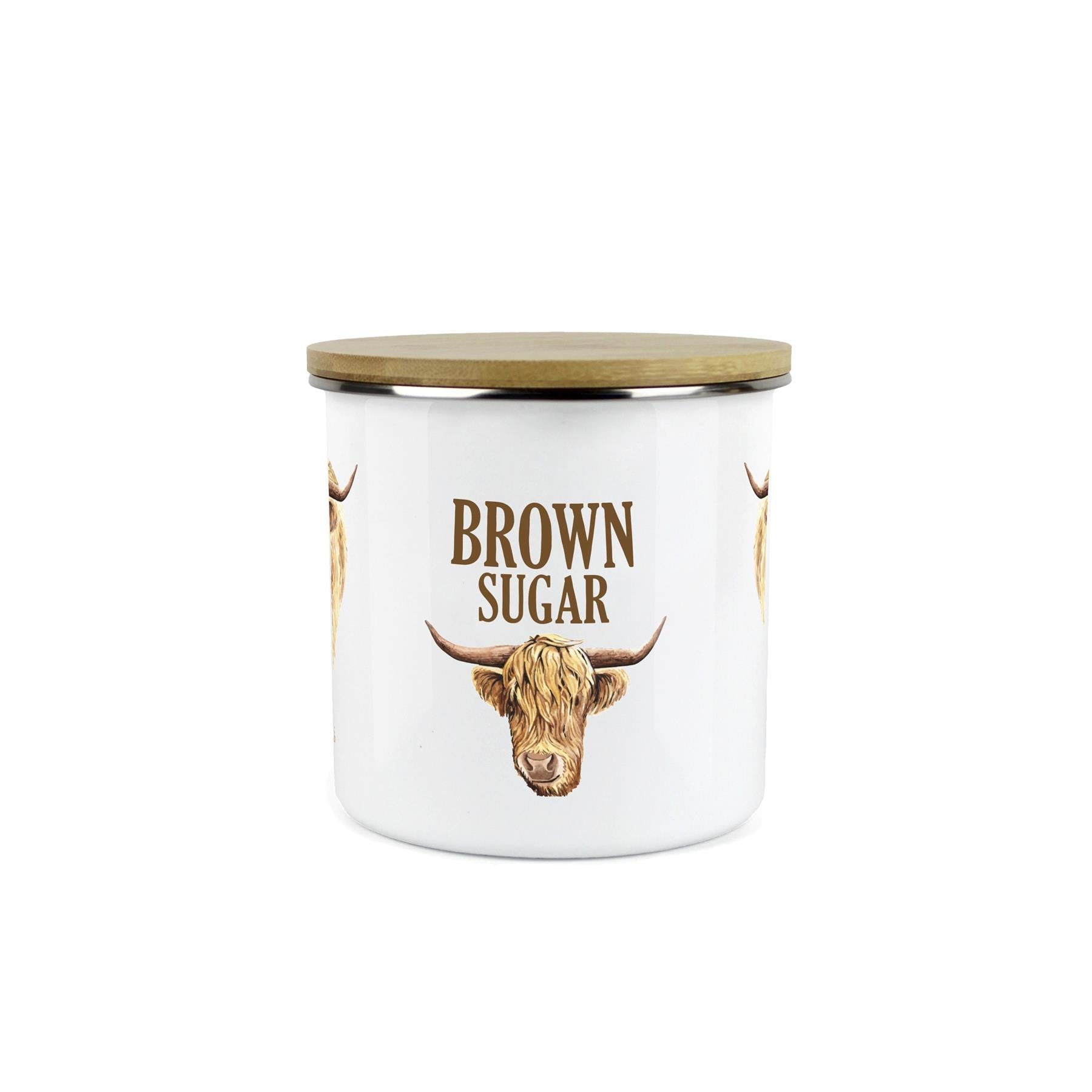Brown Sugar Highland Cow Storage Canister - Enamel & Bamboo Kitchen Storage Jar