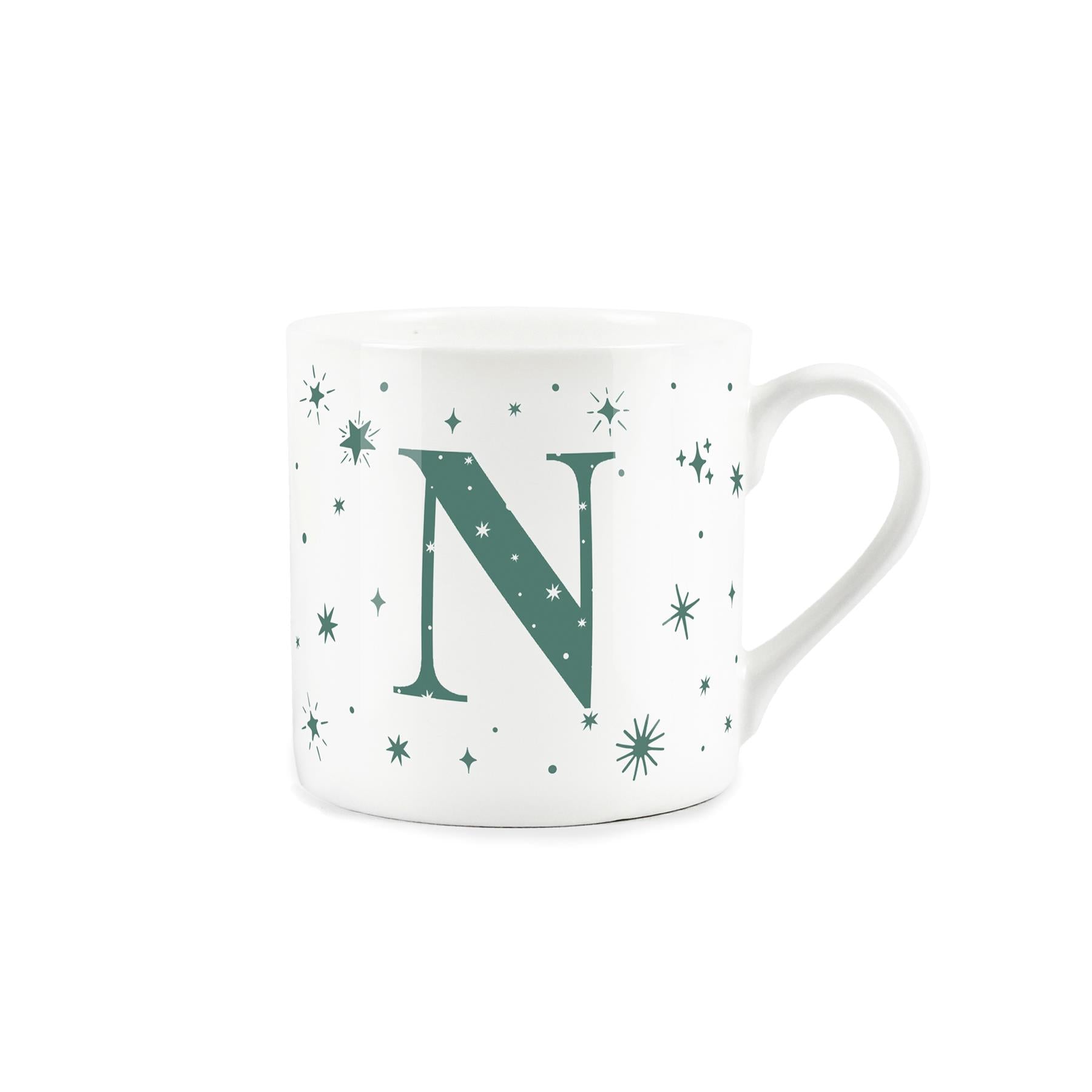 White bone china mug with green stars and letter 'N' alphabet design