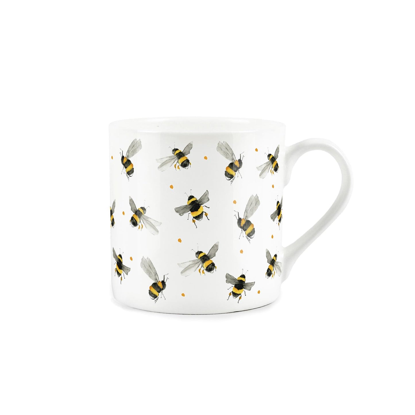 White bone china mug featuring scattered bee design