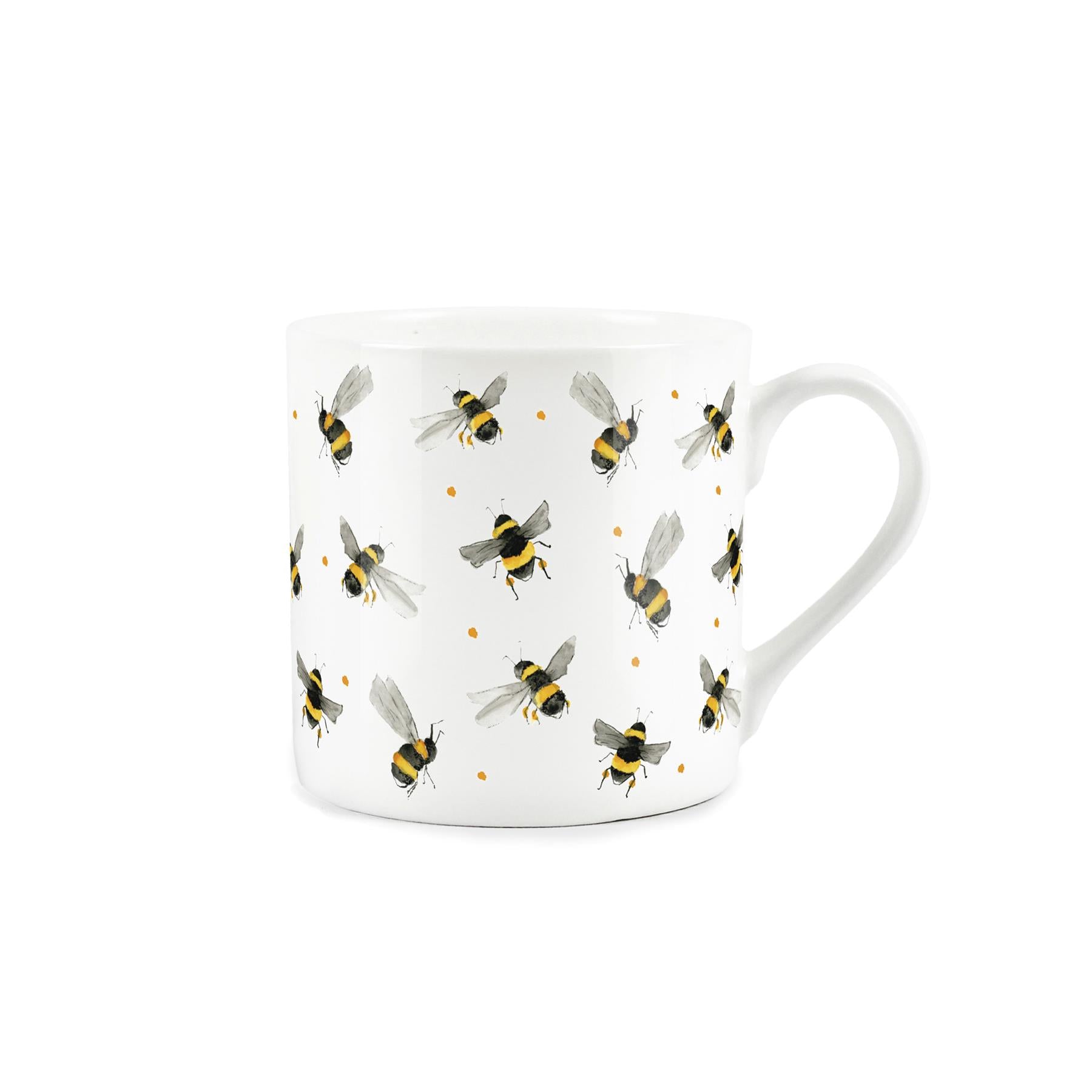 White bone china mug featuring scattered bee design
