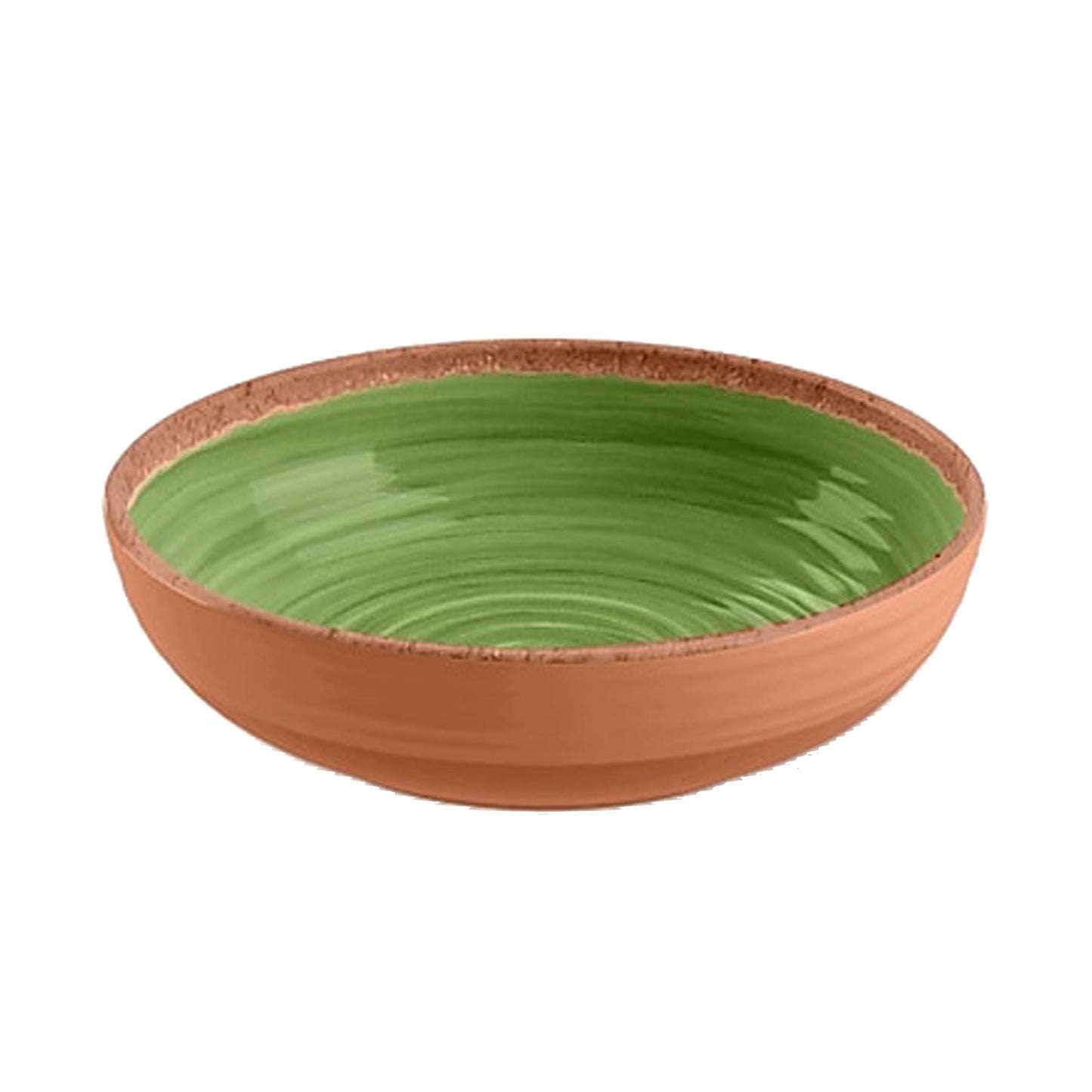 Melamine Low Bowl featuring vibrant green swirl design and terracotta exterior and rim
