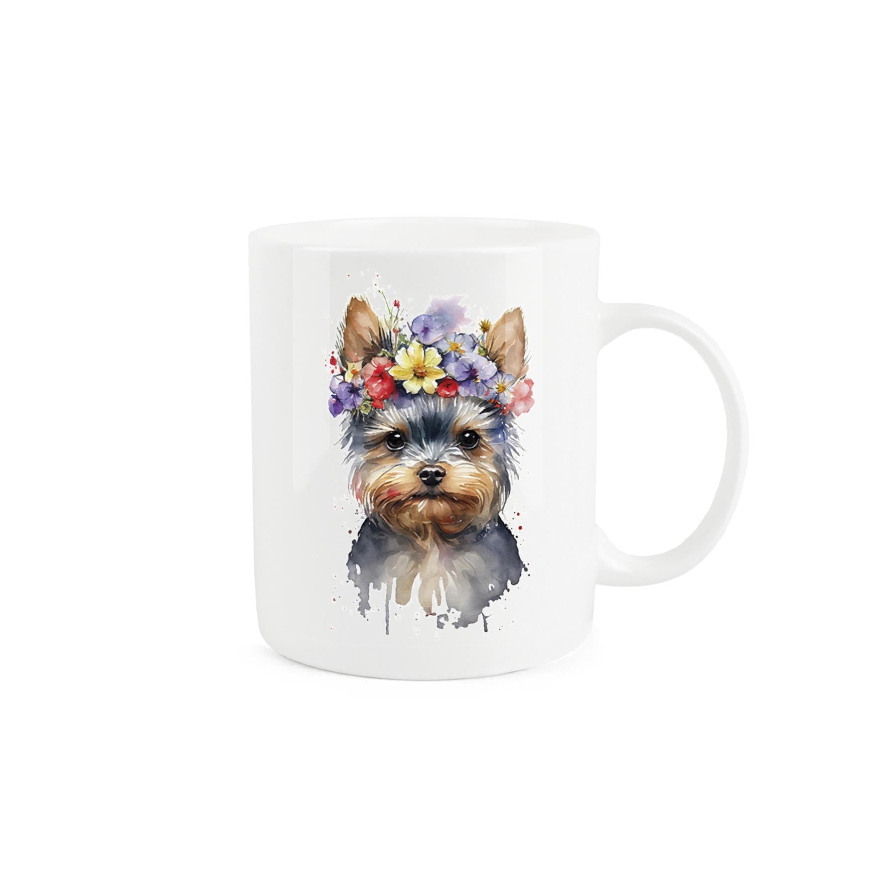 White bone china mug featuring adorable Yorkie dog design with a crown of flowers.
