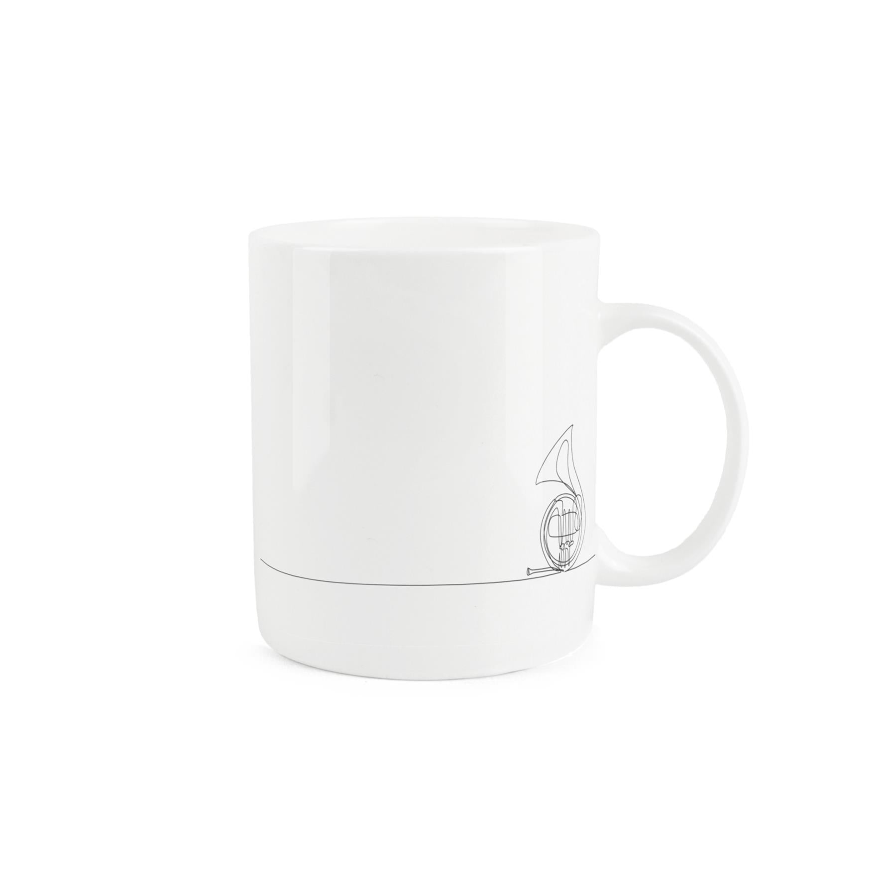 Simplistic bone china mug with a French horn drawing.