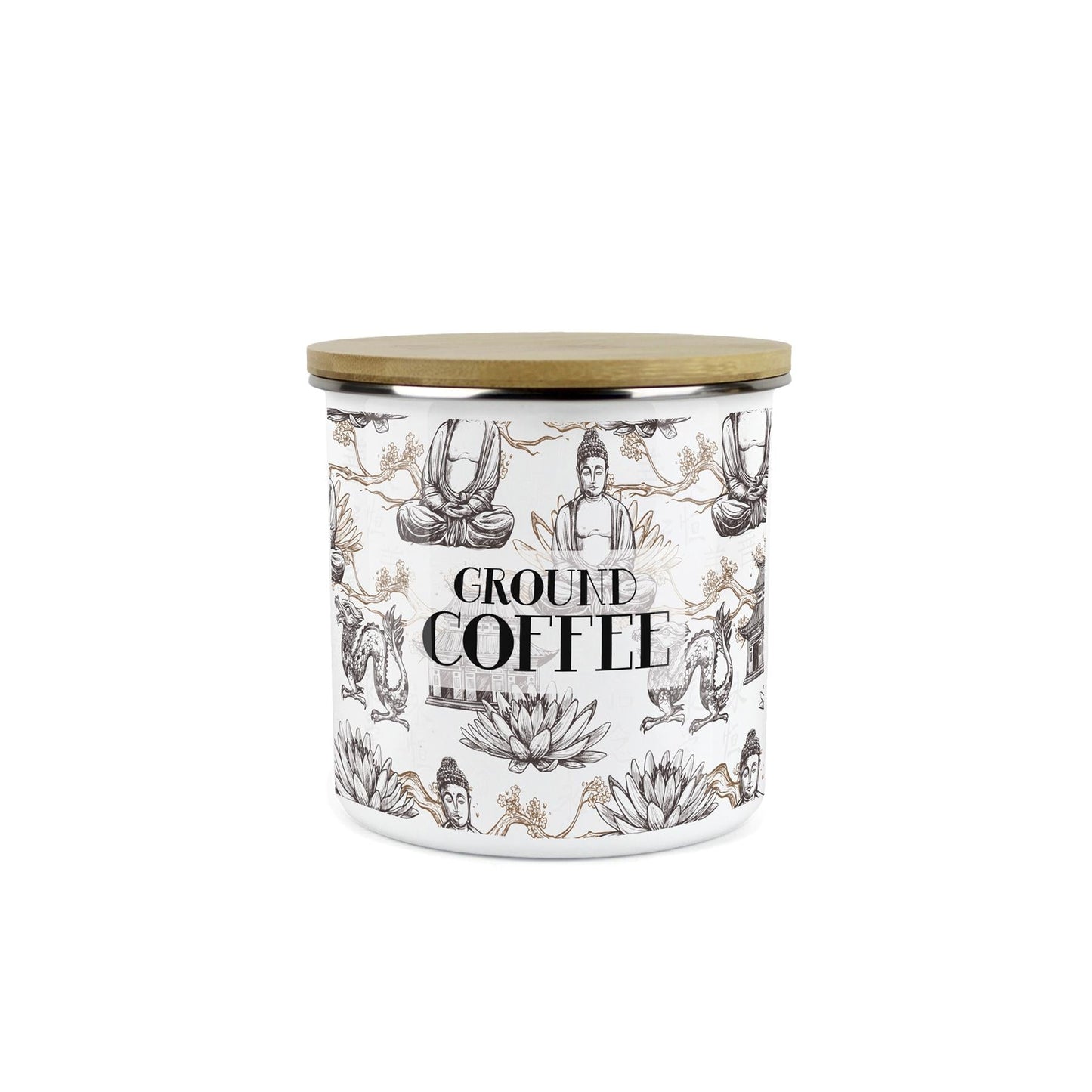 Ground Coffee Storage Canister - Oriental Scene Enamel Kitchen Storage Jar