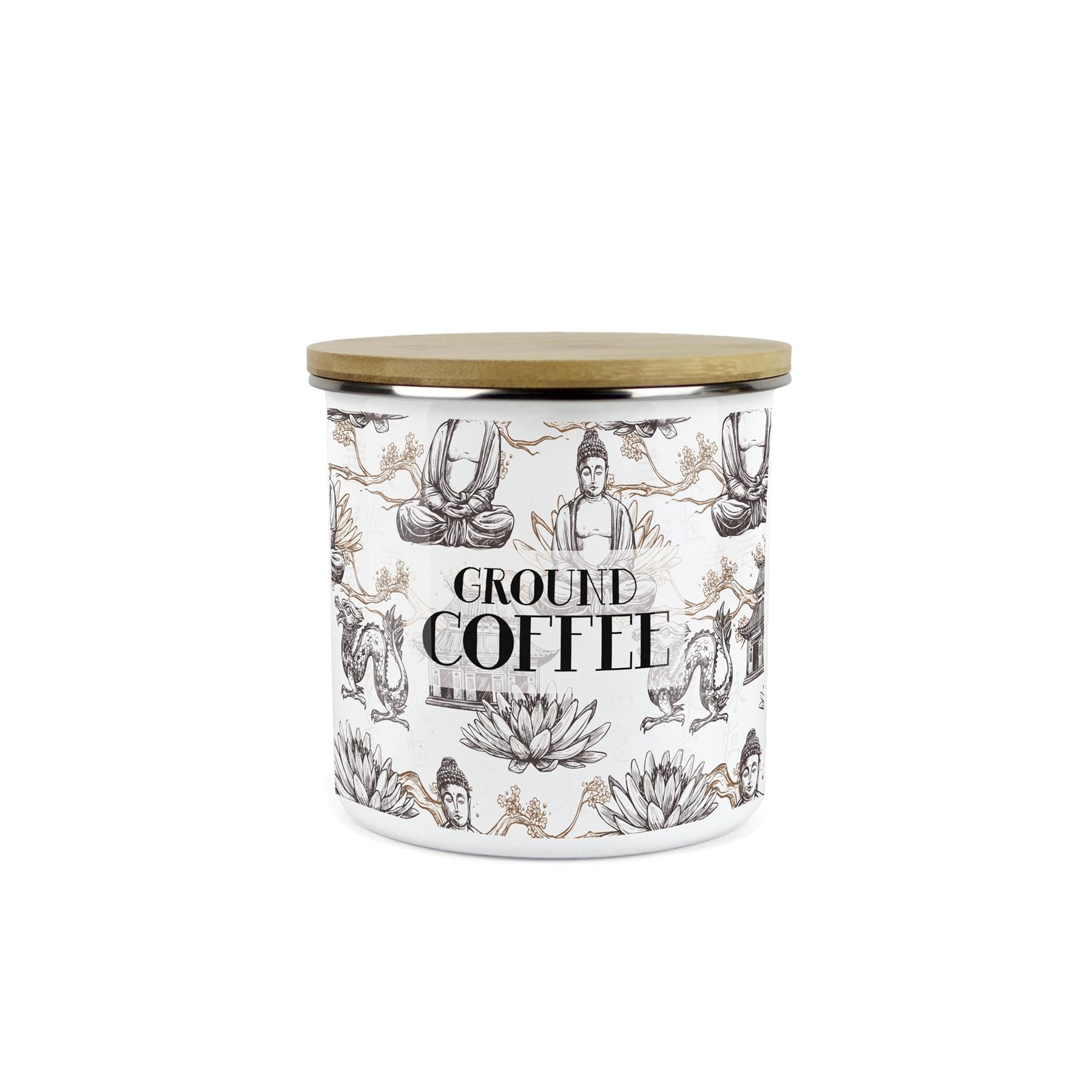 Ground Coffee Storage Canister - Oriental Scene Enamel Kitchen Storage Jar