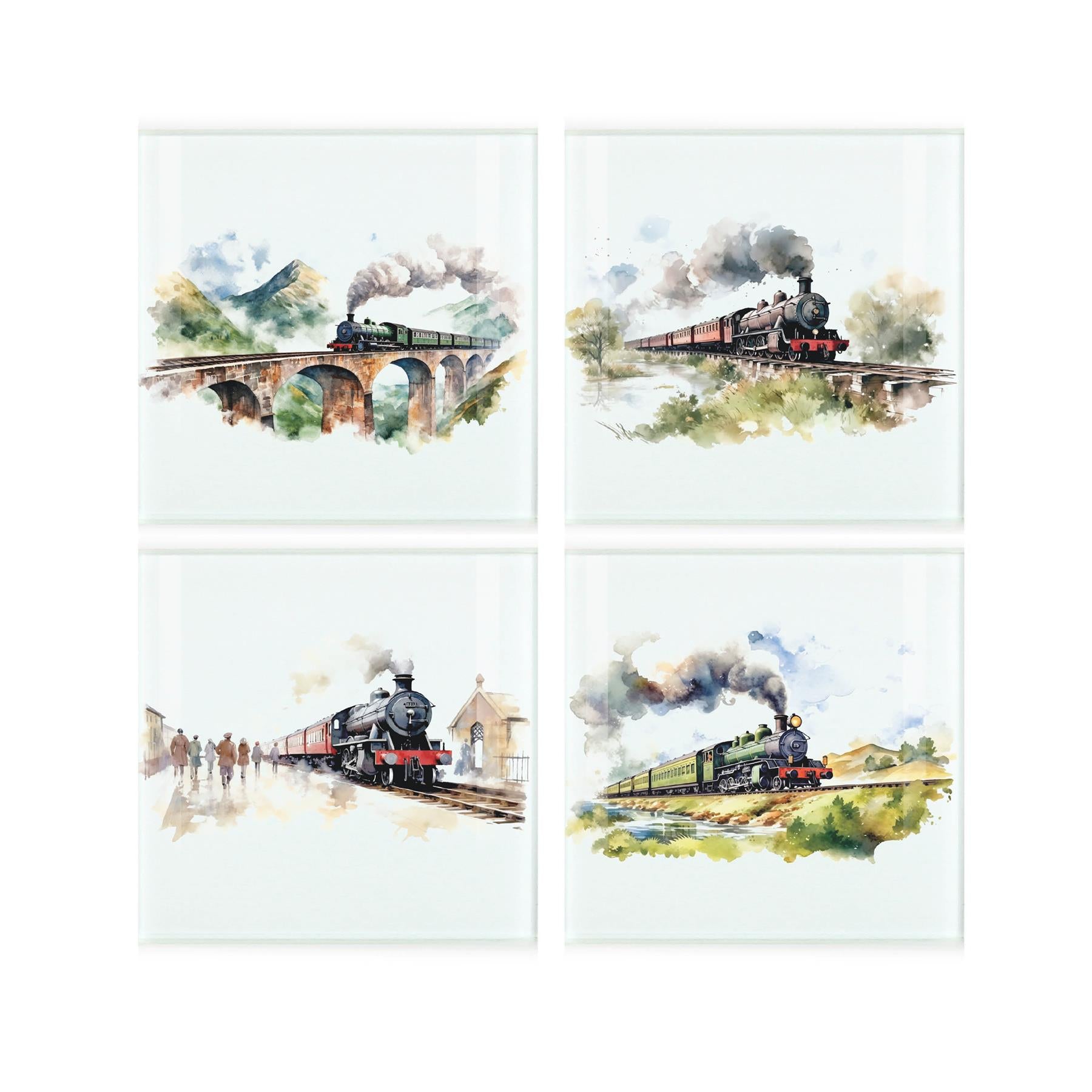 Set of four watercolour depictions of british steam trains moving through the countryside on tempered glass coasters