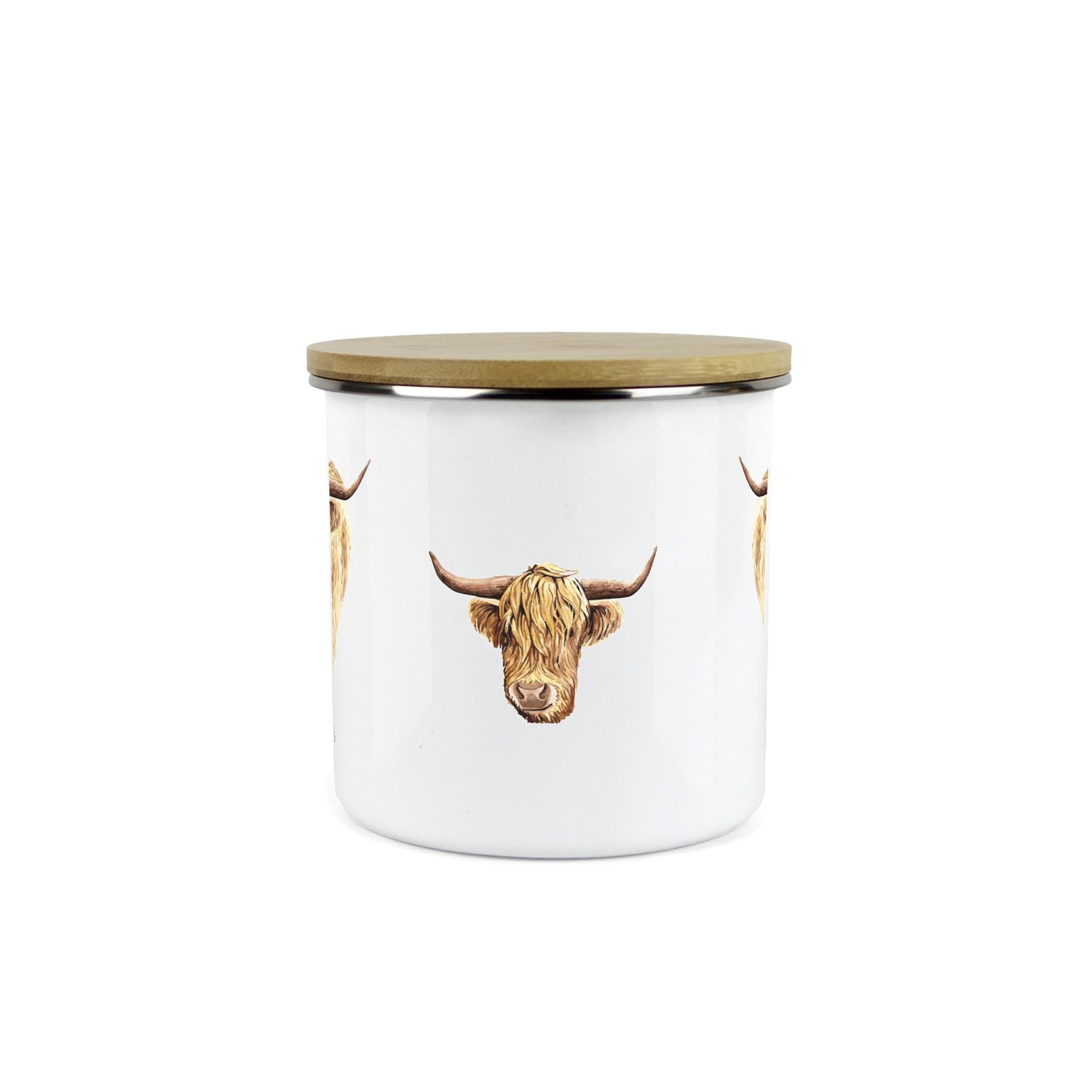 Highland Cow Storage Canister - Enamel & Bamboo Kitchen Storage Jar