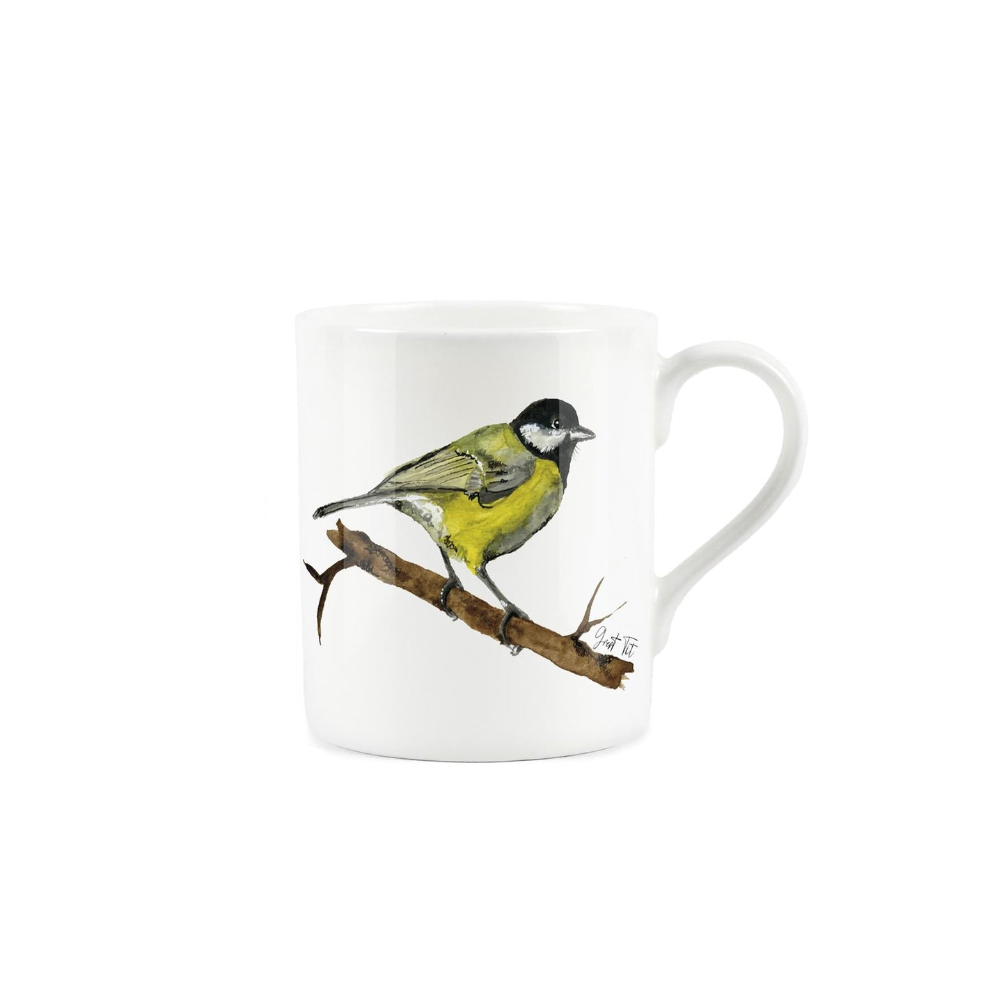 White bone china mug featuring watercolour blue tit.