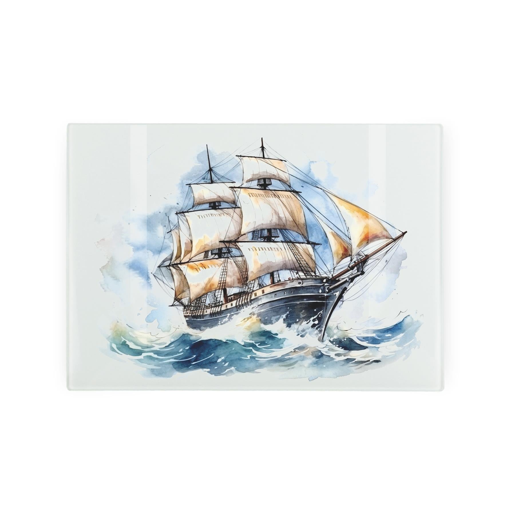 Glass worktop protector with ship painting, perfect for surface protection.