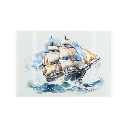 Glass worktop protector with ship painting, perfect for surface protection.