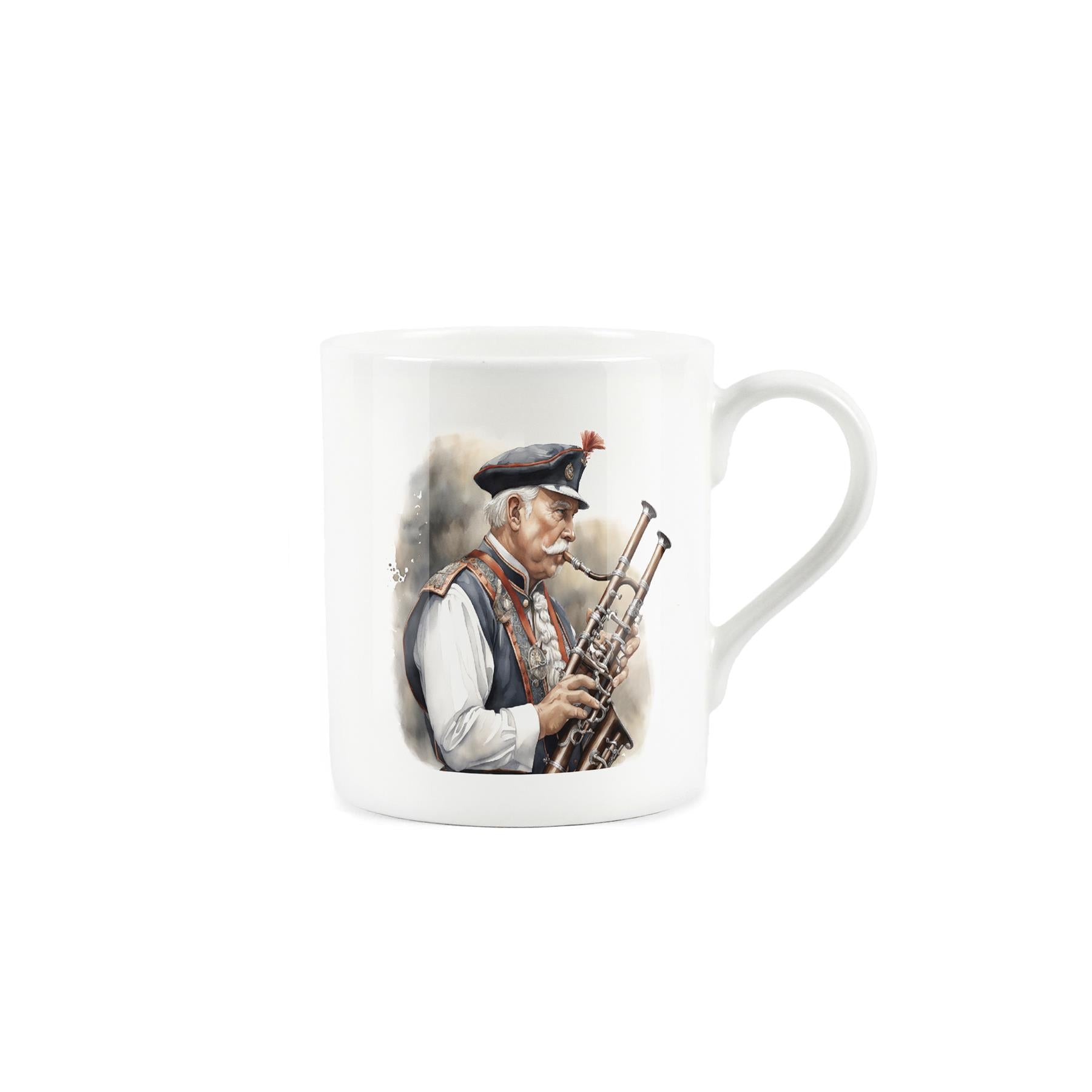 White bone china mug featuring man playing brass instrument