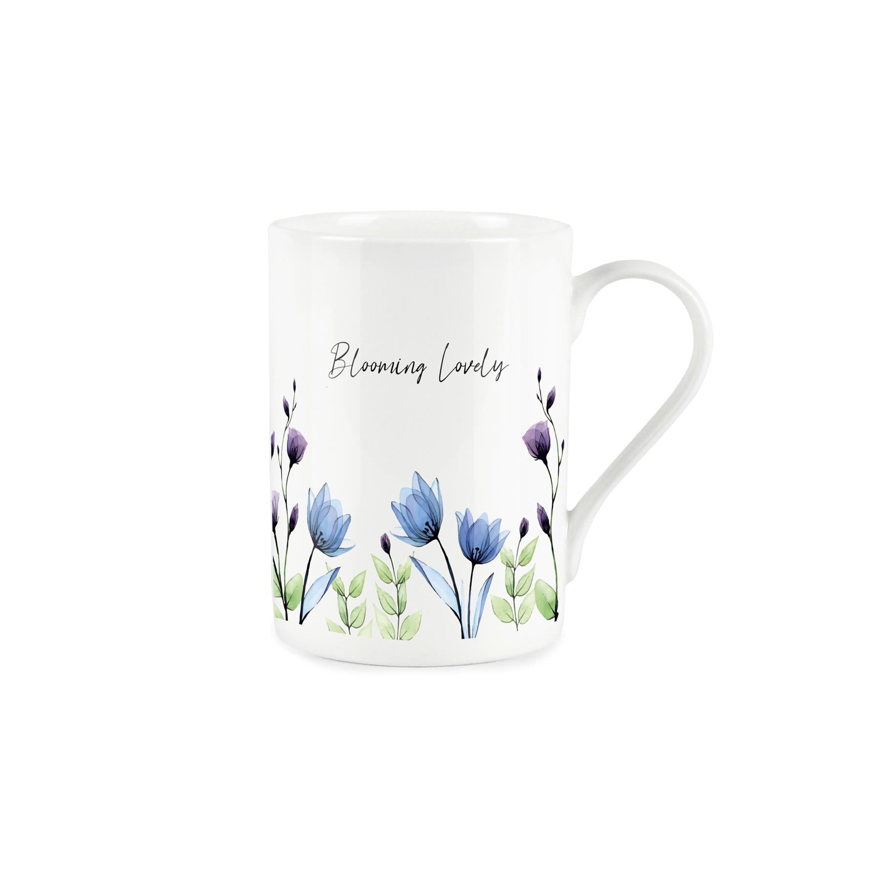 "Blooming Lovely grandma" written in cursive text about delicate painted blue and purple flowers on a white bone china mug
