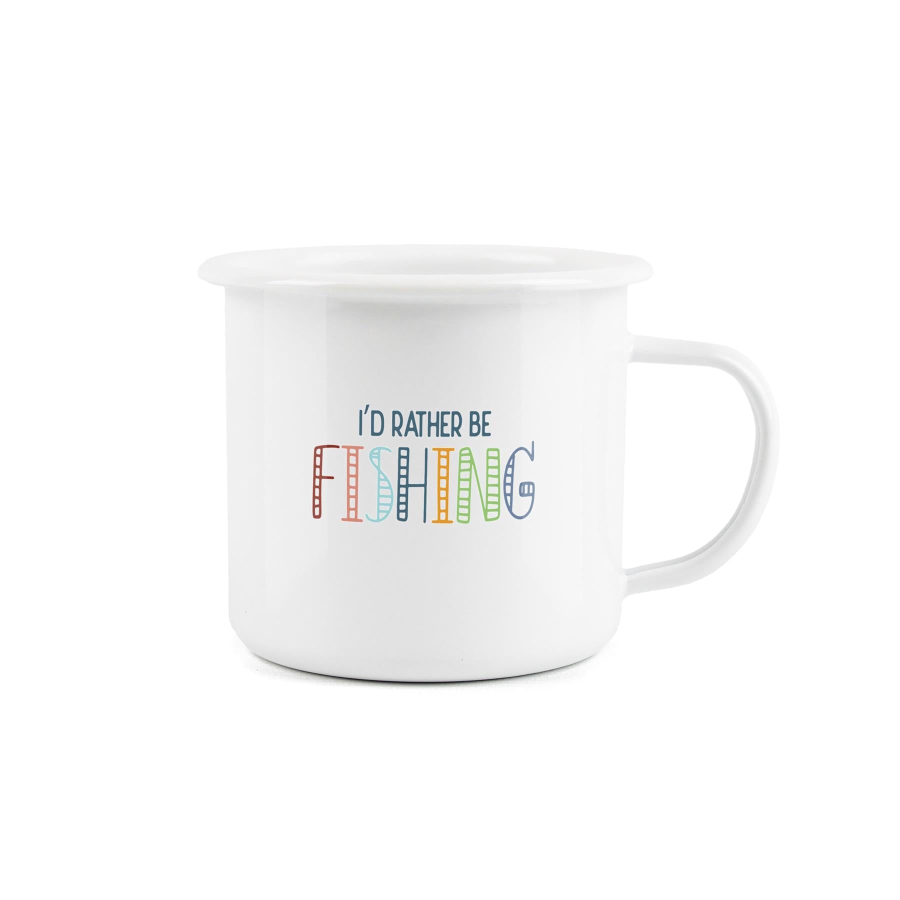 "I'd Rather Be Fishing" enamel mug, a fun novelty design for fishing enthusiasts who would rather be fishing, perfect as a gift.