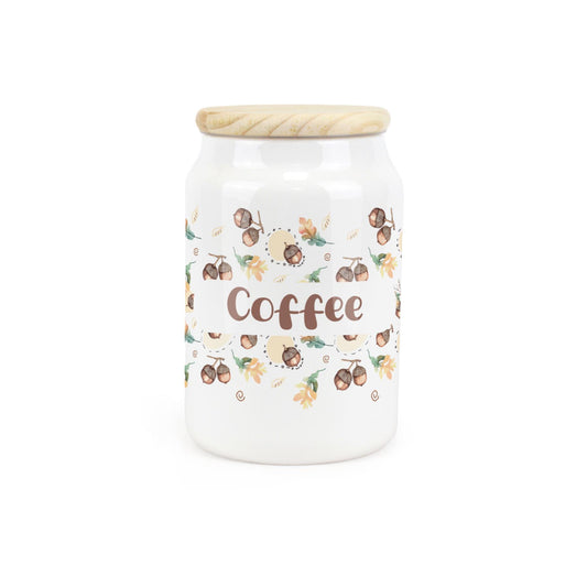 White ceramic canister with a retro 1950s print featuring a coffee design.