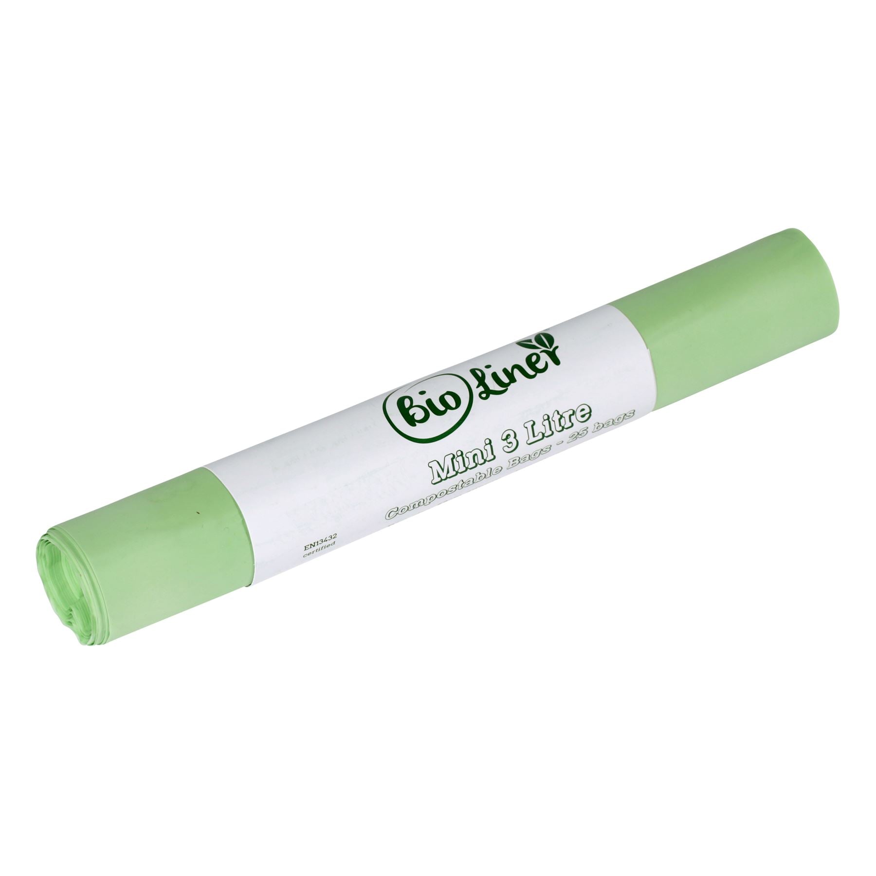 Roll of BioLiner mini 3 litre fully compostable bags with white and green label, containing 30 eco-friendly bin liners