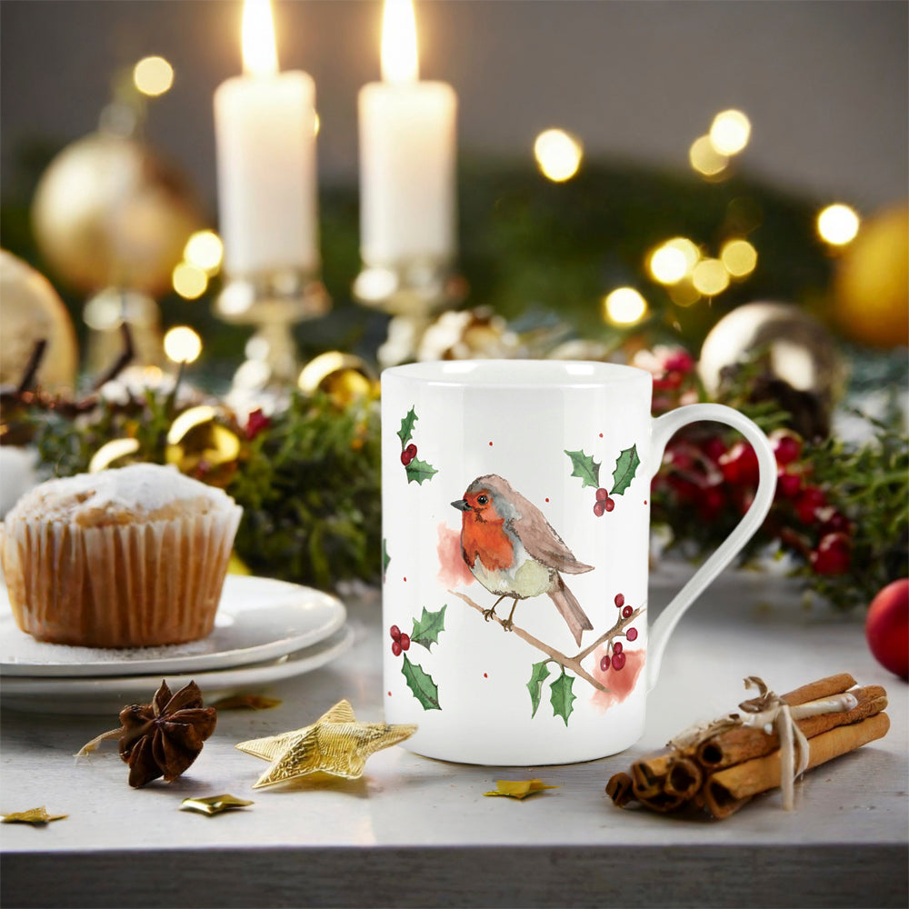 Large Robins & Holly Mug by Rhiannon Chauncey