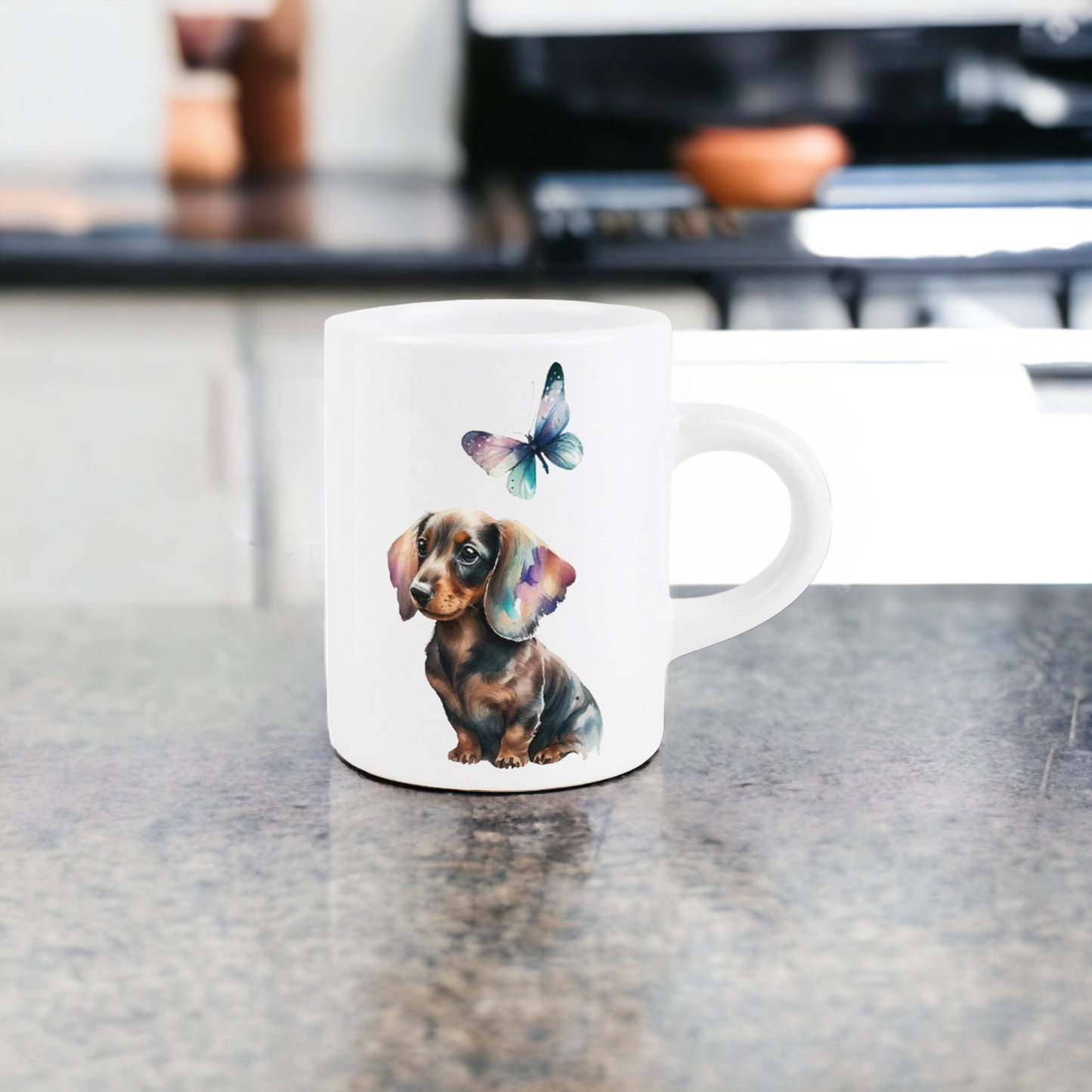 Watercolour Dachshund & Butterfly Espresso Mug