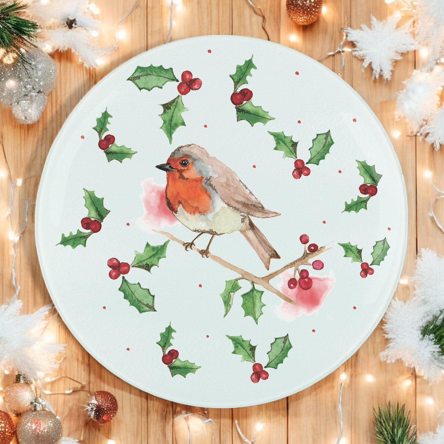 Christmas Robins & Holly Round Worktop Protector by Rhiannon Chauncey