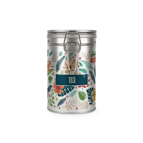 Tropical Flowers Silver Metal Clip Lid Canister