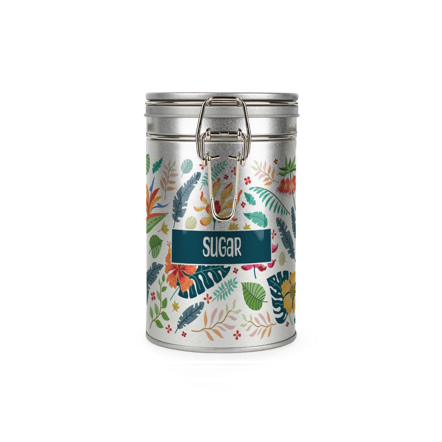 Tropical Flowers Silver Metal Clip Lid Canister