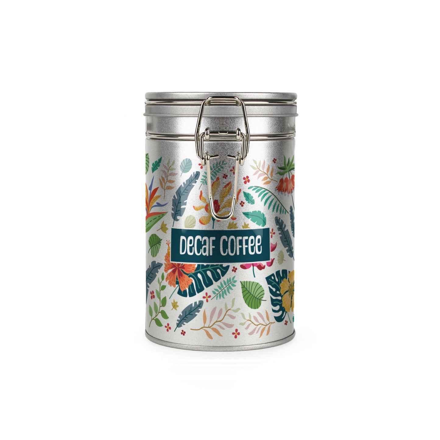 Tropical Flowers Silver Metal Clip Lid Canister