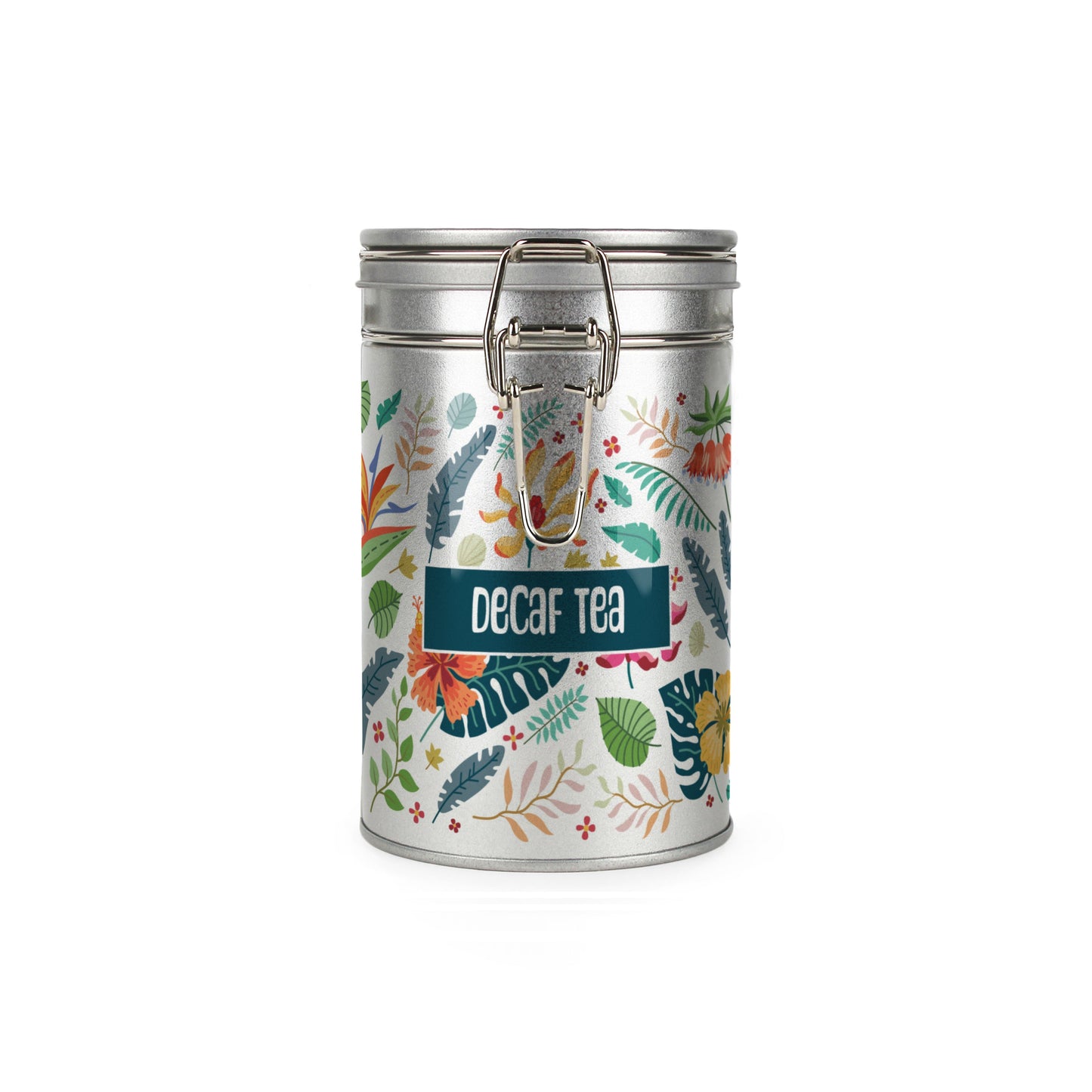 Tropical Flowers Silver Metal Clip Lid Canister