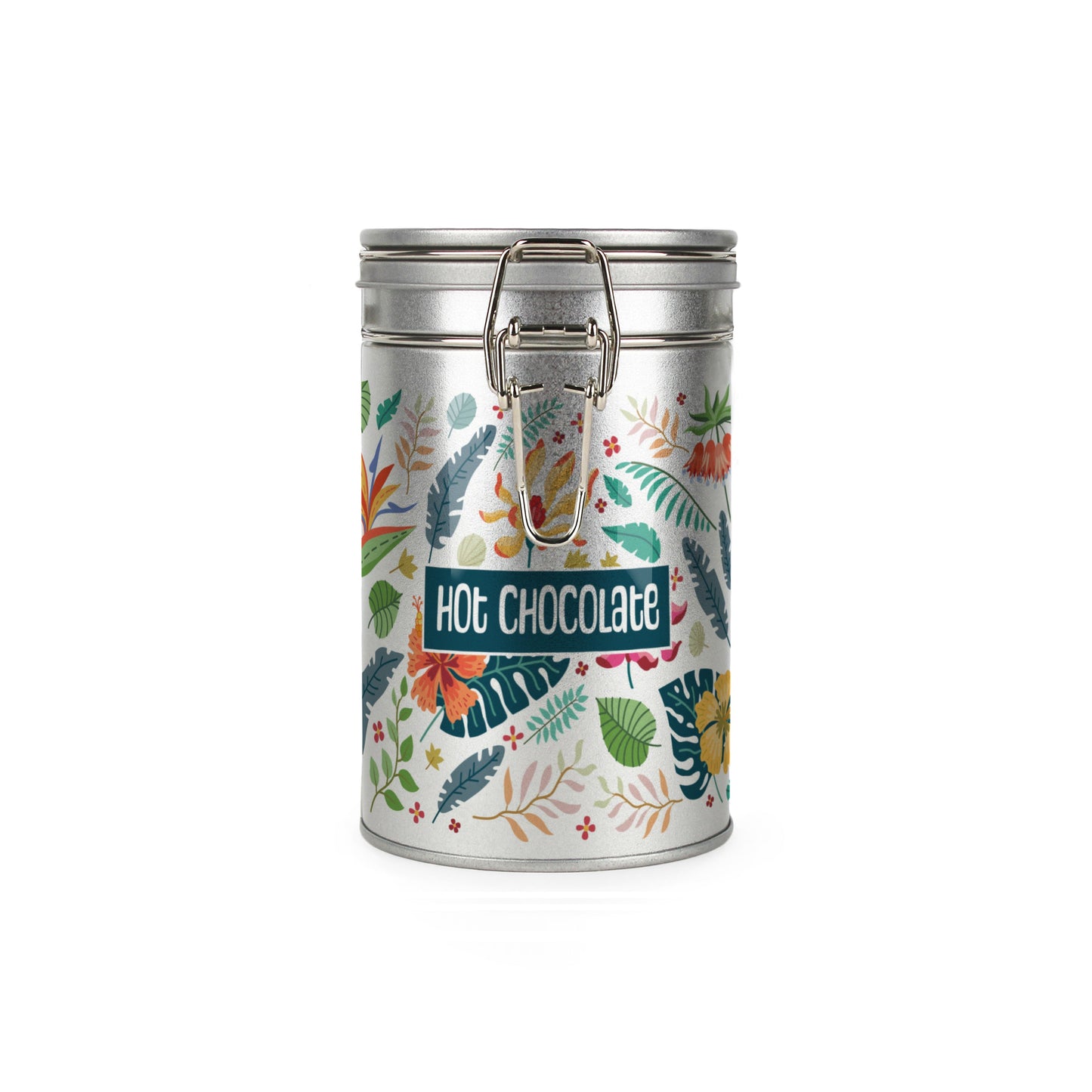 Tropical Flowers Silver Metal Clip Lid Canister