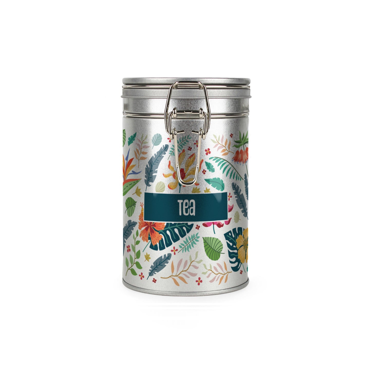 Tropical Flowers Silver Metal Clip Lid Canister