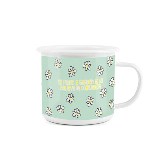 Green daisies enamel mug with a lovely daisy design and text "To plant a garden is to believe in tomorrow".
