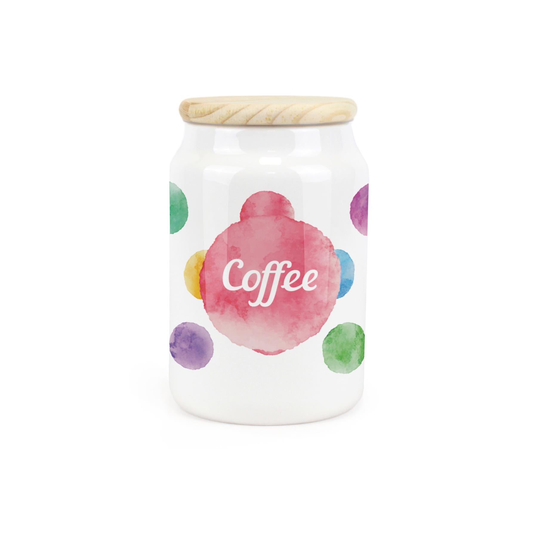 White ceramic canister featuring multicoloured polka dot pattern.