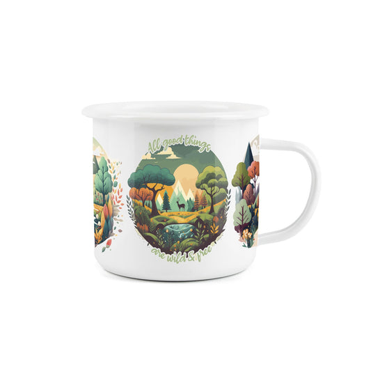 Vibrant landscape enamel mug with text "All Good Things Are Wild and Free", perfect for outdoor enthusiasts.